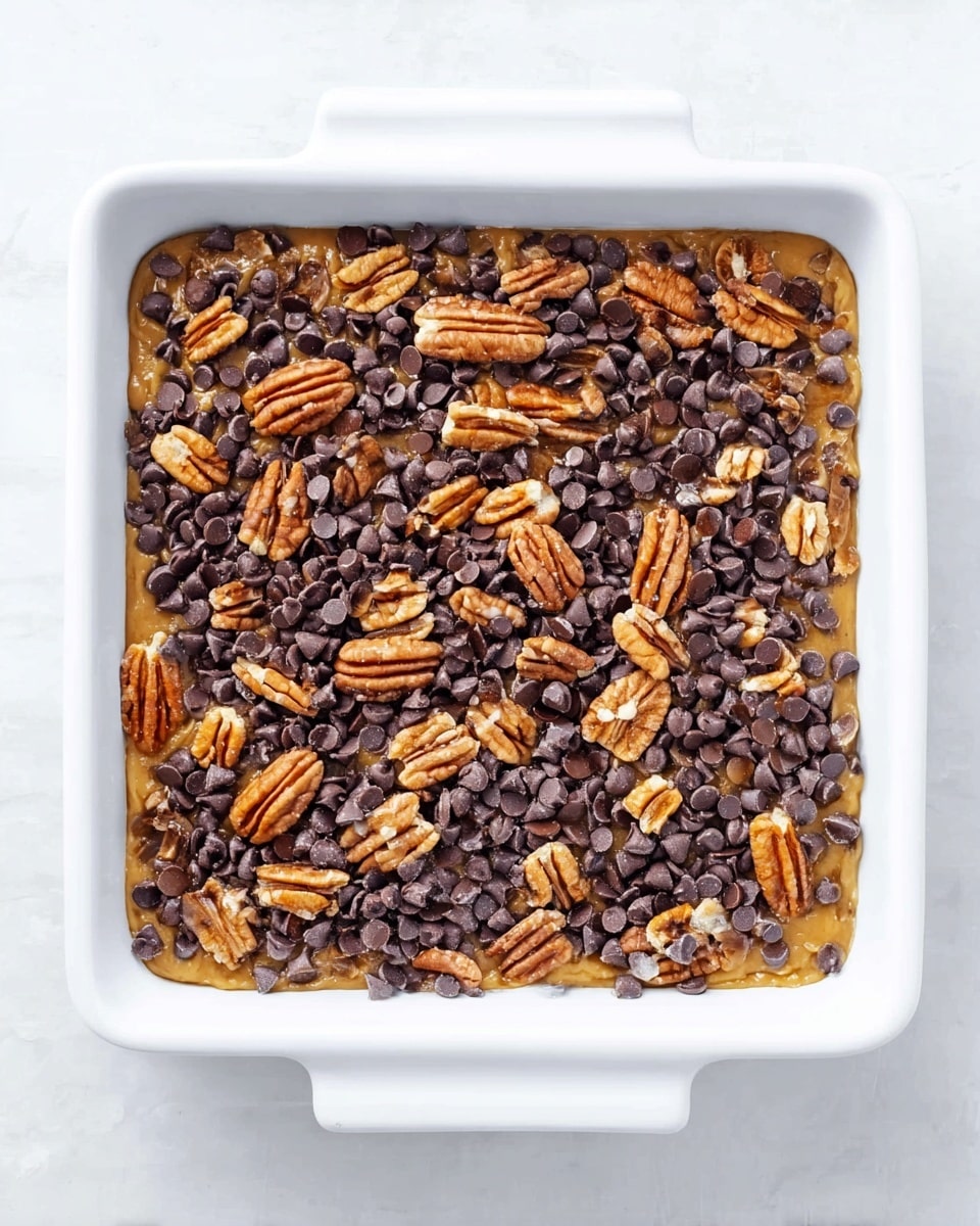 A white square baking dish filled with a thick base layer of golden dough. On top, there is a dense spread of small, dark brown chocolate chips mixed evenly with large, light brown whole and halved pecans. The texture of the dough looks soft but firm, while the chocolate chips add a smooth, shiny contrast next to the rough, wrinkled texture of the pecans. The dish sits on a white marbled surface, giving a clean and bright background. Photo taken with an iphone --ar 4:5 --v 7