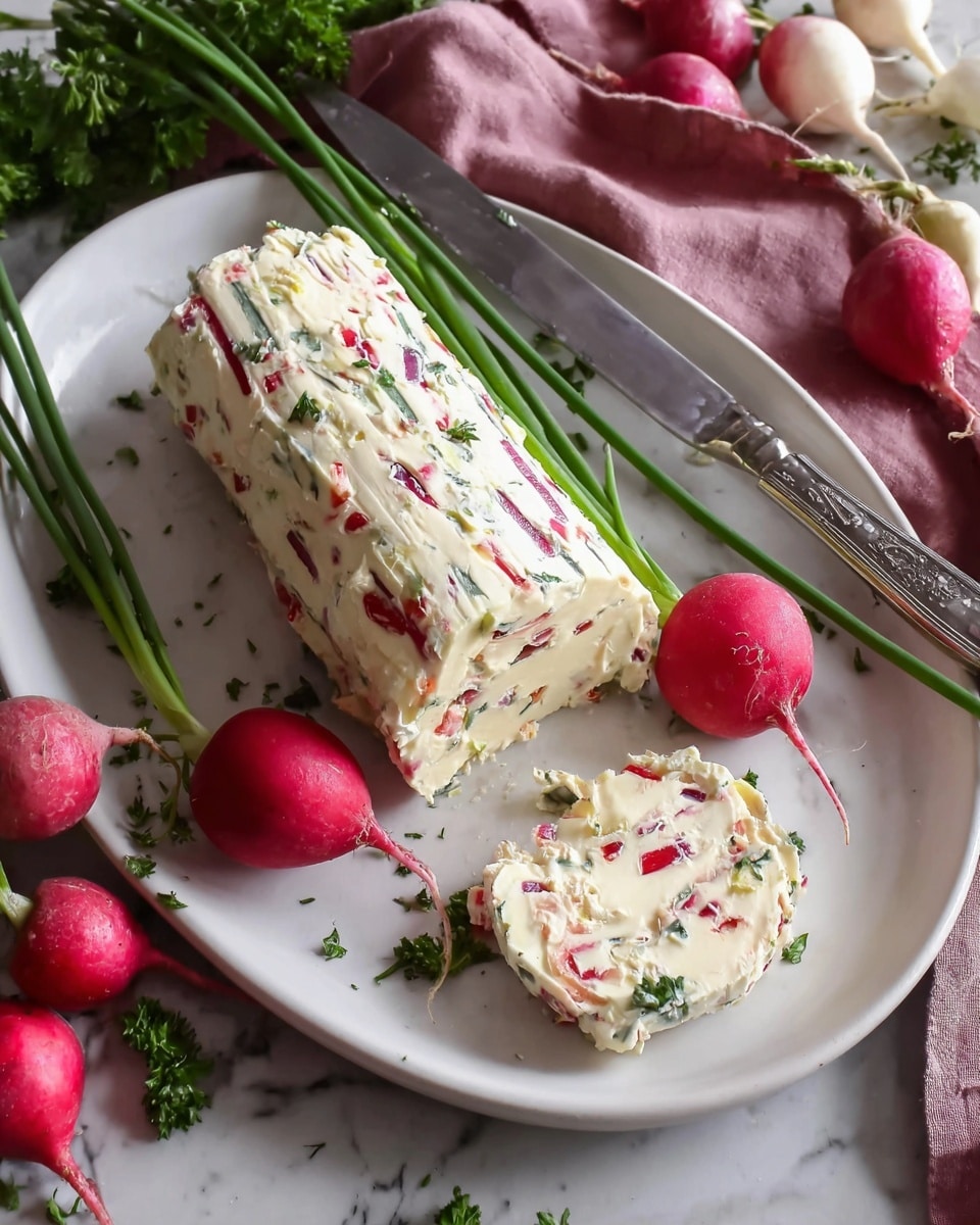 A close-up image of a soft, creamy white butter log with small pieces of red and green herbs and spices mixed inside; the butter is partially sliced with shallow vertical lines on the top surface, showing a smooth but slightly crumbly texture with colorful bits throughout; the butter sits on a white plate against a white marbled background. photo taken with an iphone --ar 4:5 --v 7