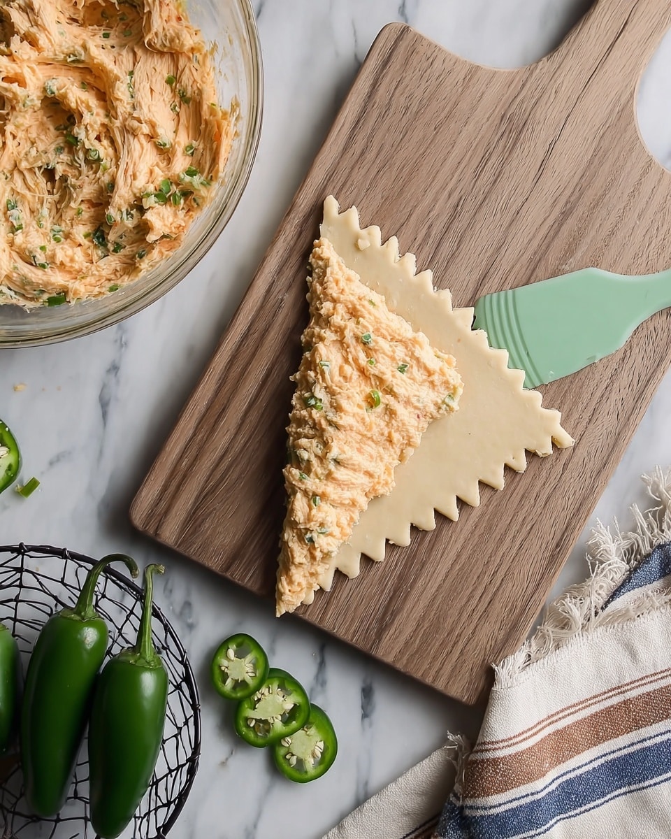A wooden cutting board sits on a white marbled surface, holding a triangular piece of dough with zigzag edges. On the right side of the dough, there is a creamy, orange filling with green bits spread unevenly. Above the board, a glass bowl filled with the same orange mixture is partly visible, with a mint-green spatula resting in it. To the left, a black wire basket contains three whole jalapeño peppers, with two more halved jalapeños showing seeds placed on the marbled surface near the basket. A folded cloth with blue and beige stripes lies on the right side below the cutting board. Photo taken with an iphone --ar 4:5 --v 7
