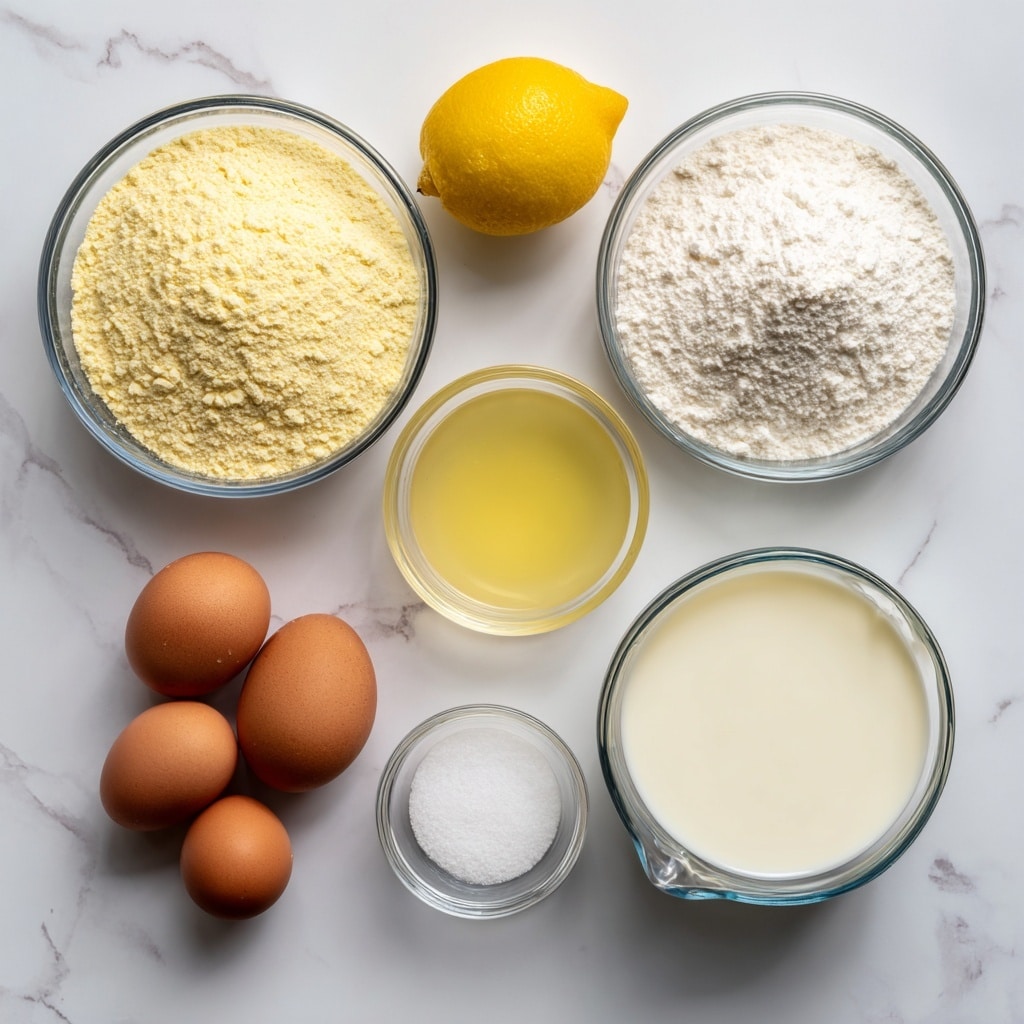 The image shows ingredients neatly arranged on a white marbled surface. At the top are two clear glass bowls filled with light yellow powders labeled cake mix on the left and pudding mix on the right. Below them, a bright yellow lemon is placed on the left side. To the right, four brown eggs are grouped together with a label. Under the lemon, another clear glass bowl contains white powdered sugar. Next to it, towards the center, is a small bowl with pale yellow oil. To the right of the oil bowl, a larger clear glass container shows white milk. At the bottom center, a small empty clear glass bowl is labeled 7 Up. All the items are evenly spaced and clearly visible. Photo taken with an iphone --ar 4:5 --v 7