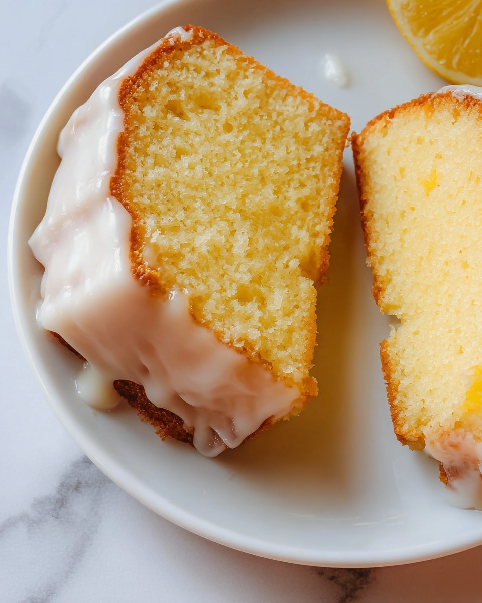The image shows two slices of yellow cake with a soft, moist texture and a lightly browned crust at the edges. Each slice has a smooth layer of white icing running through the middle and slightly dripping over the sides. The cake slices rest on a white plate placed on a white marbled surface. The photo is taken with an iphone --ar 4:5 --v 7