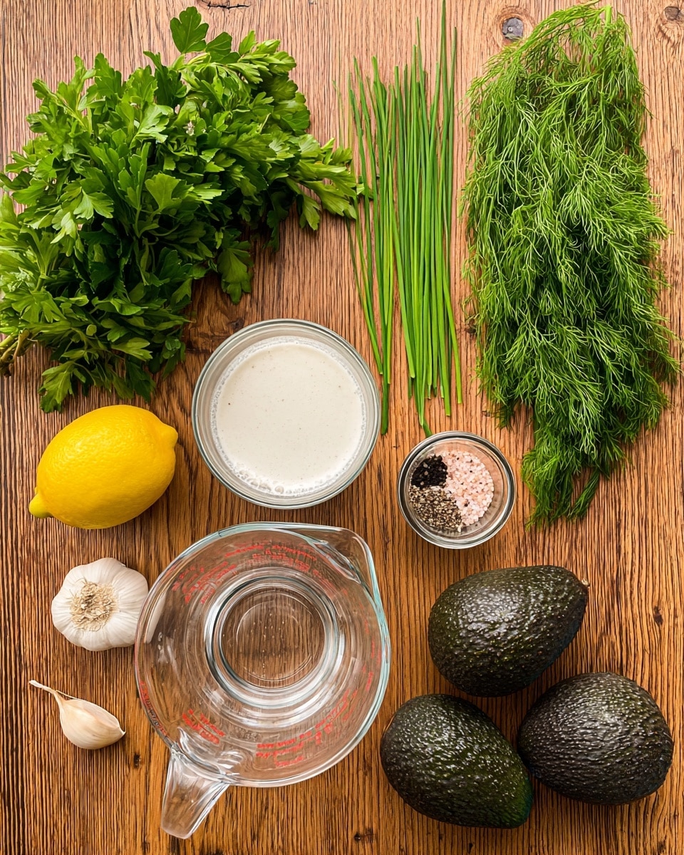 The image shows a wooden surface with fresh ingredients spread out evenly. At the top left are bunches of bright green parsley leaves, next to a bunch of dill with fine, feathery green leaves on the right side. Below the parsley are long green chives, a small clove of garlic, and a bright yellow lemon. In the center, there are two clear glass measuring cups, one with water and one filled with white liquid, likely milk or cream. Near the bottom right corner, there are two dark green, bumpy avocados. At the top right are two clear glass containers filled with pink salt and black pepper. All items are neatly spaced and set on a light brown wooden table with visible wood grain photo taken with an iphone --ar 4:5 --v 7