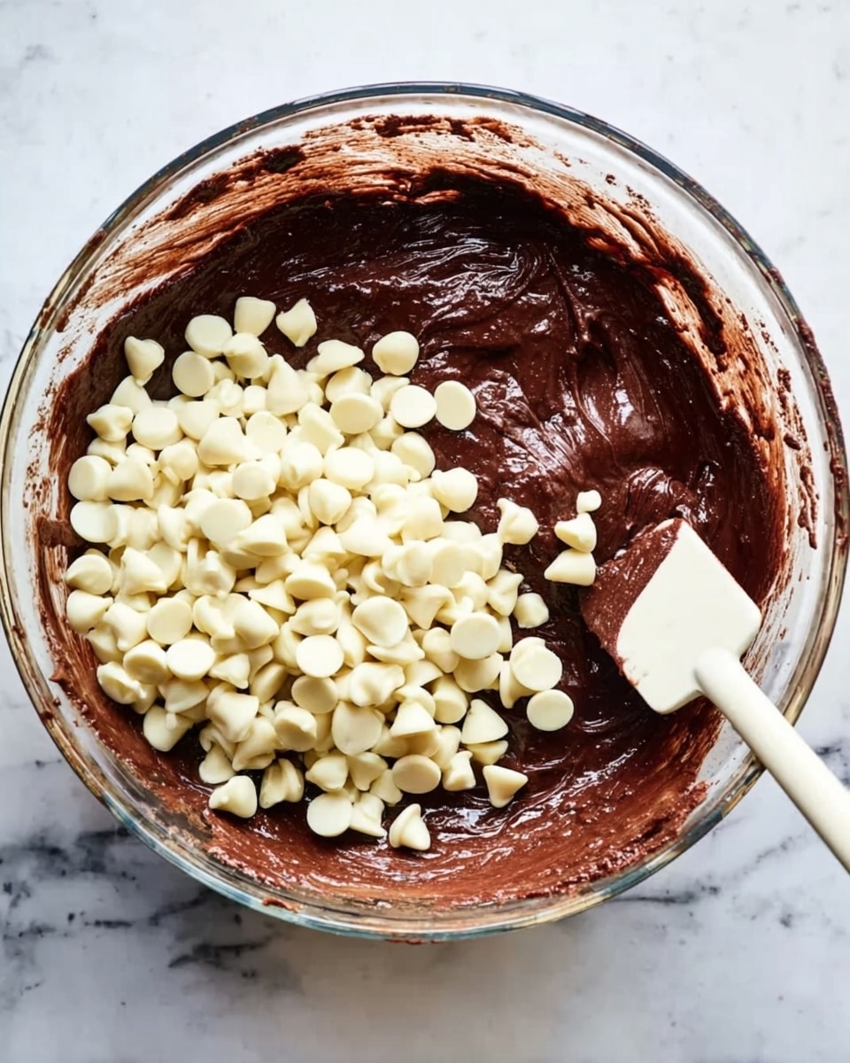 A clear glass bowl holds a thick, dark chocolate batter covering the bottom and sides, with a large pile of small, smooth white chocolate chips sitting on top, ready to be mixed in. A white spatula with some chocolate batter on it rests inside the bowl on the right side. The bowl is placed on a white marbled surface. photo taken with an iphone --ar 4:5 --v 7
