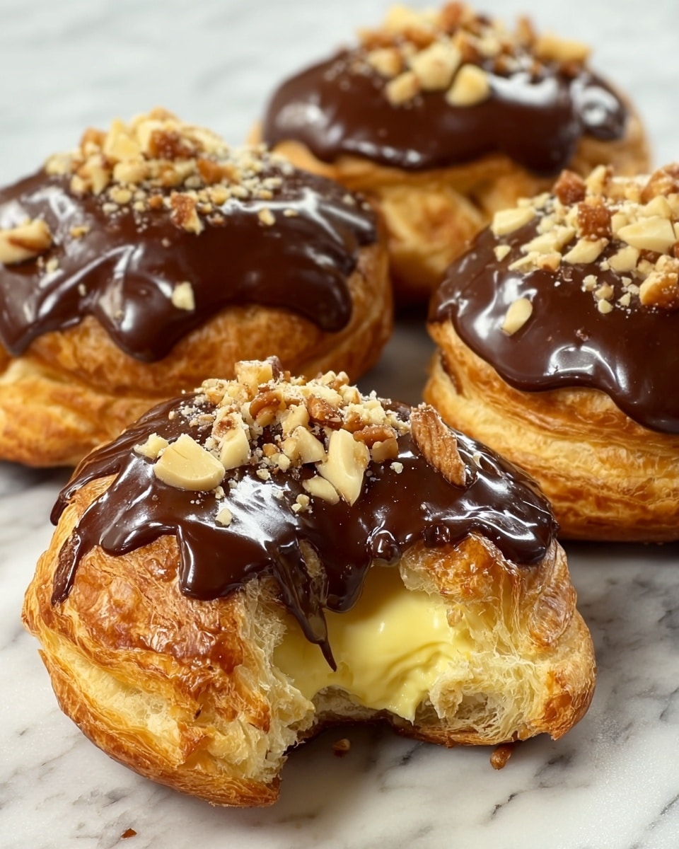 The image shows four round pastries on a white marbled surface, each with a golden-brown flaky base. The top half of each pastry is covered in thick, dark chocolate glaze that drips slightly down the sides. Small pieces of chopped nuts are sprinkled over the chocolate on all the pastries. One pastry at the front is partially bitten, revealing a creamy yellow filling inside its flaky layers. The pastries are arranged close together with a soft, well-baked texture visible. photo taken with an iphone --ar 4:5 --v 7