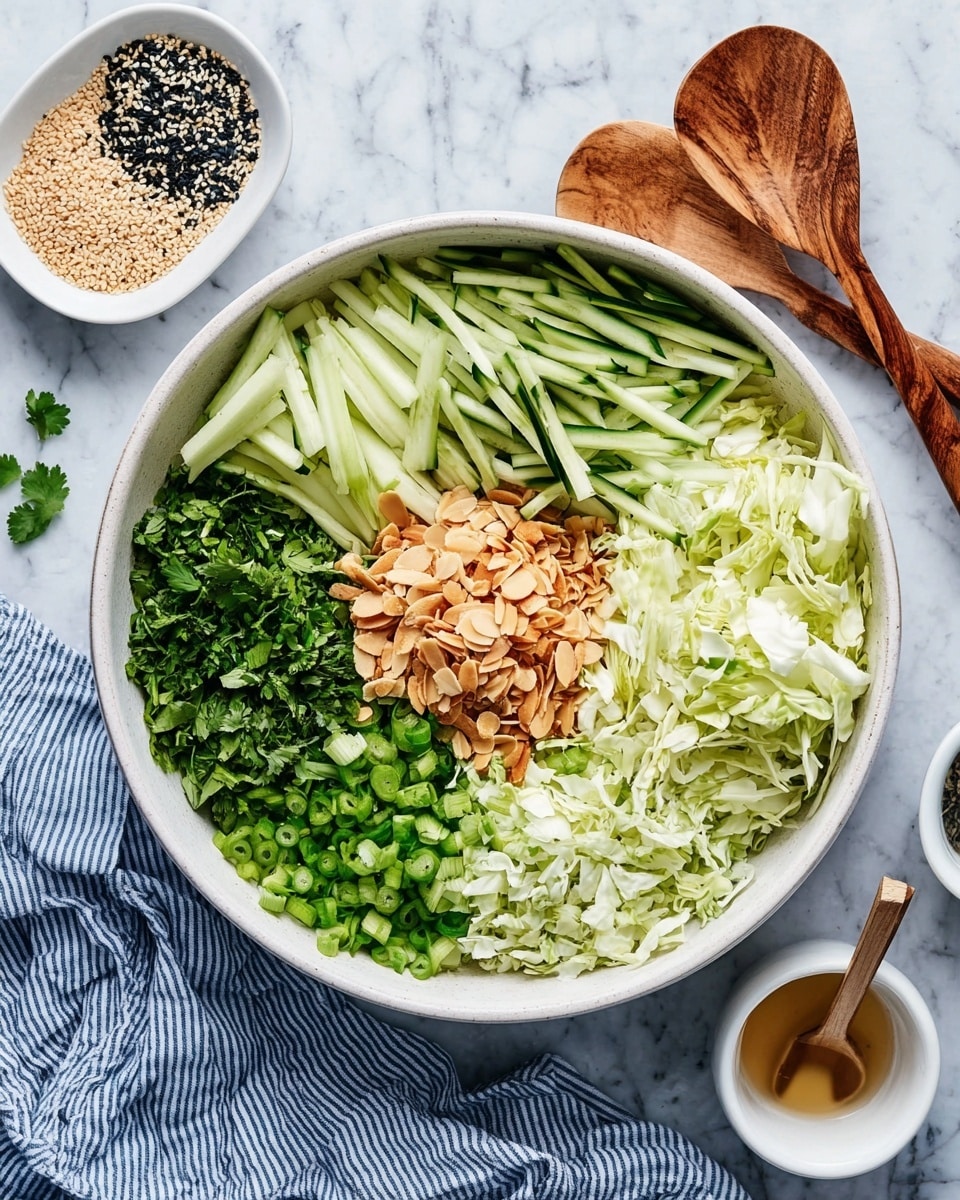 A large white bowl is filled with six neatly separated sections of fresh salad ingredients arranged in a circular pattern. Starting from the top right, there are thin, light green cucumber sticks, next to darker green julienned cucumber strips. Below that is a pile of shredded pale green cabbage. In the center sits a mound of light brown toasted almond slices. To the left of the almonds is a mound of chopped bright green herbs, likely cilantro or parsley. Below the herbs are thinly sliced light green scallions. The bowl rests on a white marbled surface with a small white bowl of mixed black and white sesame seeds and a white dressing container with some sauce nearby. A blue and white striped cloth and two wooden salad servers are positioned to the right. Photo taken with an iphone --ar 4:5 --v 7