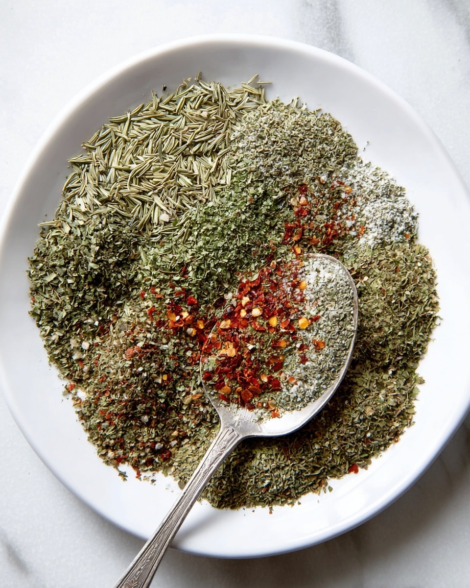 A clear glass jar filled with a mix of dried green herbs and small bits of red spices, with a metal spoon resting inside the jar, slightly lifting some of the herb mixture. The jar is placed on a white marbled surface with soft lighting. The jar has embossed white lettering on the front. Photo taken with an iphone --ar 4:5 --v 7