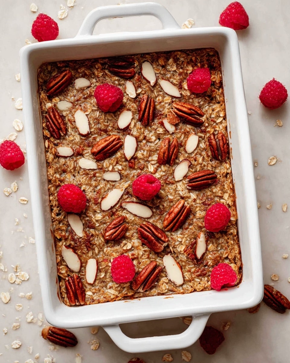 A white rectangular ceramic dish holds a single-layer baked oatmeal with a rough texture in light brown color. The top layer is decorated with dark brown pecan halves, scattered pale beige almond slices, and bright red fresh raspberries placed evenly across the surface. The dish is set on a white marbled textured background with some oat flakes around it. Photo taken with an iphone --ar 4:5 --v 7