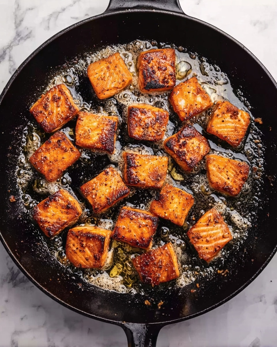 A black iron pan filled with about 18 small golden-brown square pieces of fried salmon, each piece showing a crispy, slightly charred surface with visible seasoning. The pan has small bubbles of melted butter around the salmon, and the texture of the butter looks hot and sizzling. The background is a white marbled surface. photo taken with an iphone --ar 4:5 --v 7