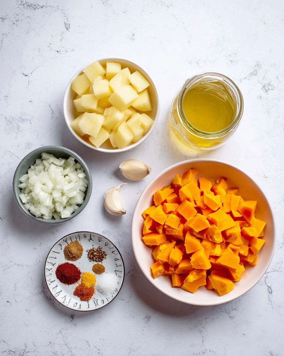 The image shows six groups of ingredients on a white marbled surface. In the middle right, there is a white bowl filled with bright orange chopped pumpkin pieces, smooth and chunky. Above it is a clear glass jar with light yellow liquid. To the top left, a white bowl holds pale yellow potato chunks with sharp edges. Below that, a small gray bowl contains chopped white onions with a slightly translucent look. To the far left, a small white plate has a mix of colorful spices including brown, red, and yellow powders, along with some white salt in separate piles. Near the spices, there are two peeled garlic cloves with a smooth and pale surface. Photo taken with an iphone --ar 4:5 --v 7