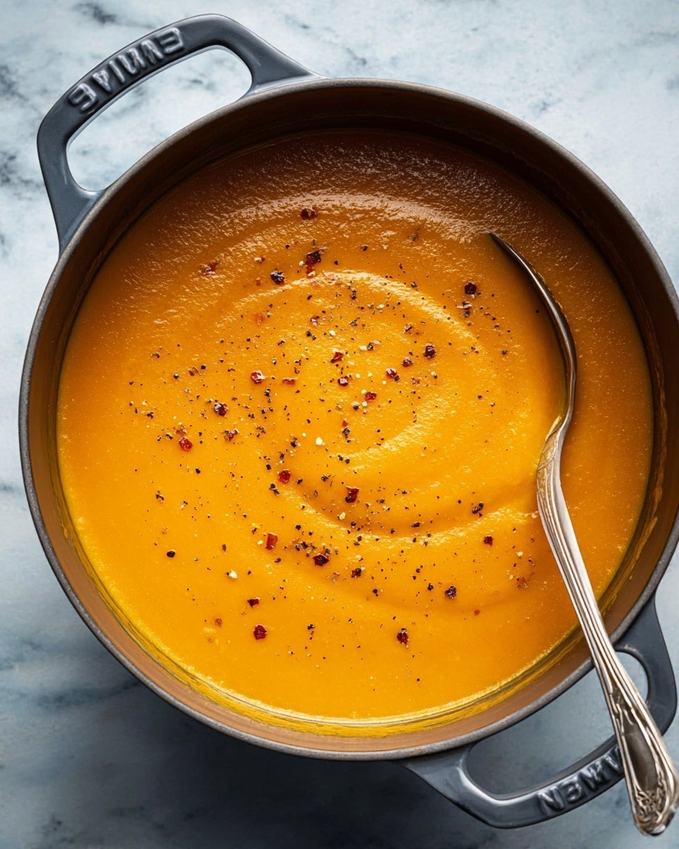A dark gray pot full of smooth, bright orange soup fills the frame, the soup’s shiny surface swirled gently with a silver spoon resting on the right side. Tiny specks of black pepper and red chili flakes sprinkle the top of the thick soup, adding texture and spotty red and black color. The pot has two handles, engraved with the brand name, sitting on a white marbled texture. photo taken with an iphone --ar 4:5 --v 7