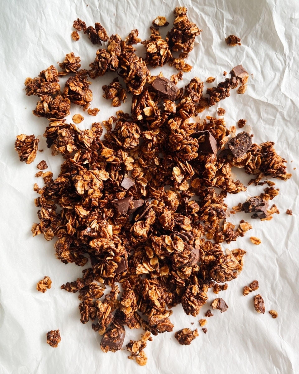 A loose pile of crunchy granola clusters is spread across a white crumpled paper on a white marbled surface. The granola is made up of toasted oats with visible pieces of dark chocolate chips mixed in, showing a mix of light and deep brown colors with a rough textured feel. The clusters vary in size, some small and crumbly, others larger and chunky, giving a natural uneven look. photo taken with an iphone --ar 4:5 --v 7