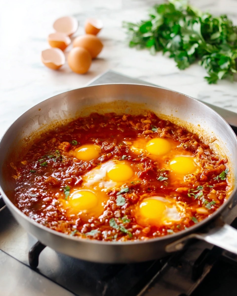 In a silver frying pan on a stove, there is a rich, red tomato sauce layer mixed with chopped vegetables and spices, bubbling gently. On top, five raw eggs are spread evenly, their bright yellow yolks standing out against the deep red sauce. The pan edges show some sauce splashes. In the background, there are cracked eggshells and fresh green herbs on a white marbled surface, adding a fresh touch to the cooking scene. Photo taken with an iphone --ar 4:5 --v 7