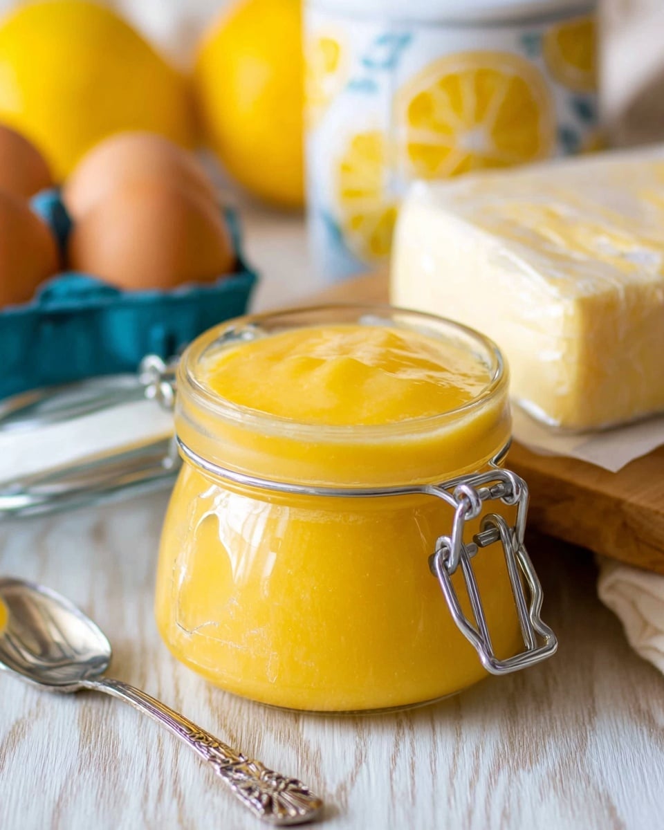 A small glass jar with a metal latch is filled to the top with smooth, bright yellow lemon curd that has a shiny and creamy texture. Behind the jar, there are three brown eggs and a silver spoon with a detailed handle, along with a block of pale yellow butter wrapped in paper. Parts of a lemon and a white container with a yellow lemon pattern are visible in the blurred background. Everything is placed on a light wooden surface with a soft white marbled texture visible in the background. photo taken with an iphone --ar 4:5 --v 7