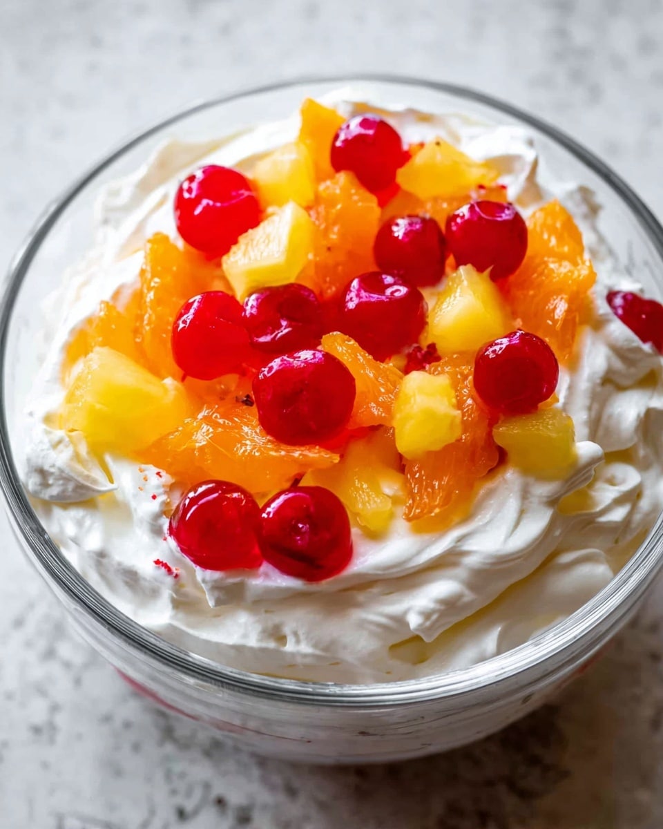 A clear glass bowl filled with one thick layer of smooth, white whipped cream filling on the bottom, topped with a colorful mix of fruit pieces scattered evenly across the surface. The fruits include bright orange slices, yellow pineapple chunks, and shiny red cherries. The bowl sits on a white marbled texture background. Photo taken with an iphone --ar 4:5 --v 7
