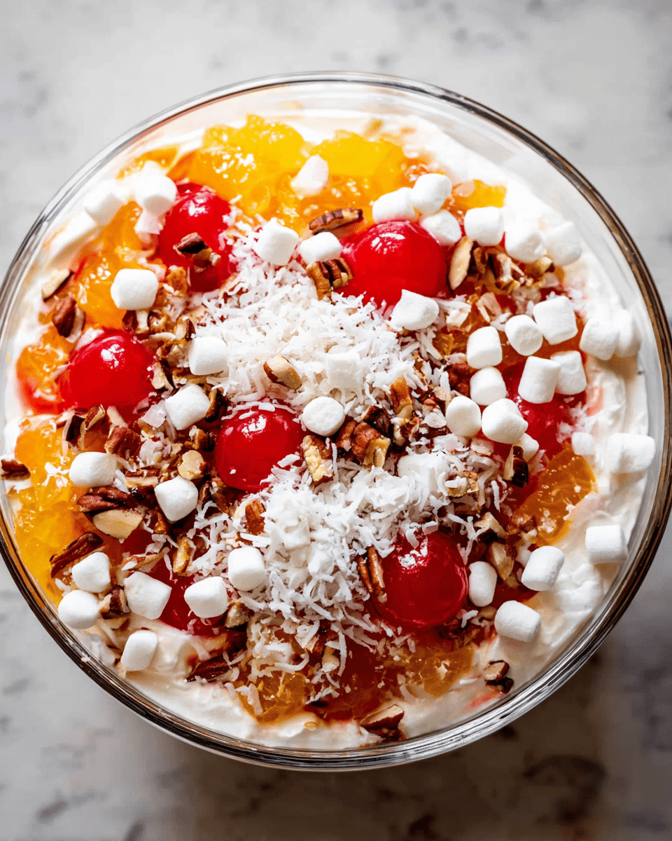 A clear glass bowl holds a colorful layered dessert seen from above. The bottom layer is white and creamy, topped by a bright orange layer with translucent chunks. Scattered on top are shiny red cherries, shredded white coconut, crunchy brown pecan pieces, and small white mini marshmallows, all mixed and sprinkled evenly. The bowl rests on a white marbled surface. photo taken with an iphone --ar 4:5 --v 7