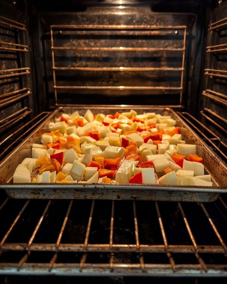 A single metal baking tray inside an oven filled with small cubes of raw vegetables in one layer, mostly pale yellow and white pieces mixed with some bright orange and red chunks scattered evenly across the surface, the oven rack is metal and slightly rusty, and the oven interior is dark with signs of use. photo taken with an iphone --ar 4:5 --v 7