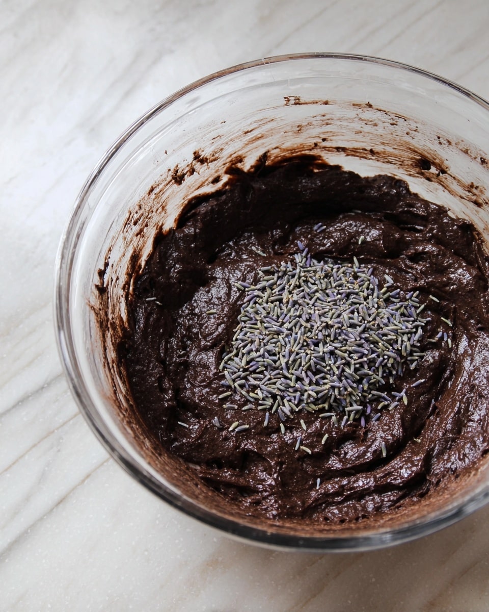 A clear glass bowl sits on a white marbled surface, holding a thick, dark brown chocolate batter with a shiny and dense texture. On top of the batter, there is a small pile of light purple dried lavender buds scattered in the center. The sides of the bowl show some smudges of the chocolate batter, giving a sense of mixing in progress. Photo taken with an iphone --ar 4:5 --v 7