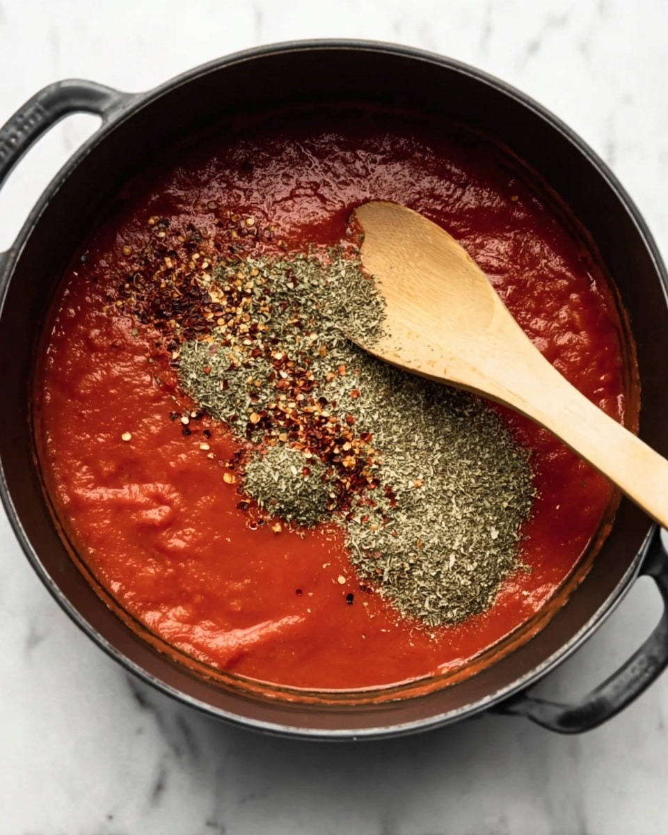 A black pot filled with a smooth, bright red tomato sauce as the base layer. On top, there is a large pile of dried green herbs mixed with small red chili flakes spread unevenly across about half of the sauce's surface. A light wooden spoon stained with some sauce rests inside the pot on the right side, angled towards the center. The pot is placed on a white marbled surface. photo taken with an iphone --ar 4:5 --v 7