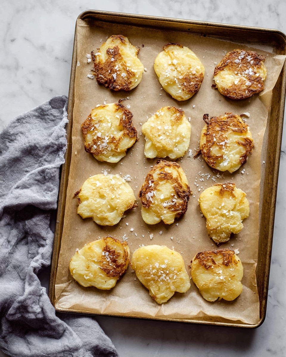 This image shows a baking tray with twelve small, unevenly shaped potato pancakes placed on parchment paper. Each pancake has a golden-brown upper surface with slight crisp edges and a creamy light yellow bottom where the potato texture is smooth. Some pancakes have visible flakes of salt on top. The tray rests on a white marbled surface with a softly crumpled gray cloth to the left. The lighting highlights the crunchy textures and color contrast between the browned tops and pale undersides of the pancakes. Photo taken with an iphone --ar 4:5 --v 7