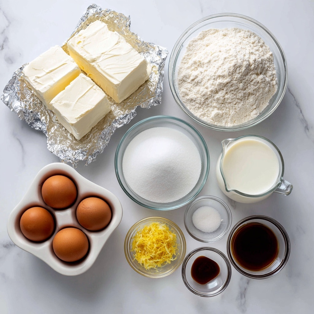 The image shows ingredients laid out on a white marbled surface. There are four blocks of cream cheese, white and smooth, wrapped partially in shiny silver foil, placed near the top left. To the right, a clear glass bowl holds white flour with a soft texture. Below the cream cheese, six brown eggs rest in a white ceramic egg holder. To the right of the eggs, a white bowl is full of fine white sugar, with a slight swirl on top. Next to the sugar, a clear glass measuring cup contains heavy cream, white and liquid. Below, three small clear bowls hold vanilla extract, dark brown and glossy, lemon zest, bright yellow and finely grated, and salt, white and granular, all arranged neatly. photo taken with an iphone --ar 4:5 --v 7