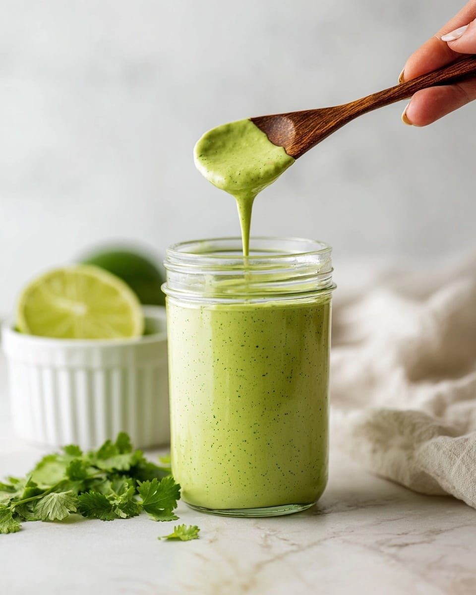 A close-up view of a clear glass jar filled with smooth, creamy green sauce showing small dark green specks, with a wooden spoon held by a woman's hand above it dripping the green sauce. Behind the jar, there is a halved lime with light green inside, green leaves that look like fresh cilantro, a white cloth, and a white ramekin on a light surface with a white marbled texture. The background is soft and white, making the green sauce and ingredients stand out clearly photo taken with an iphone --ar 4:5 --v 7