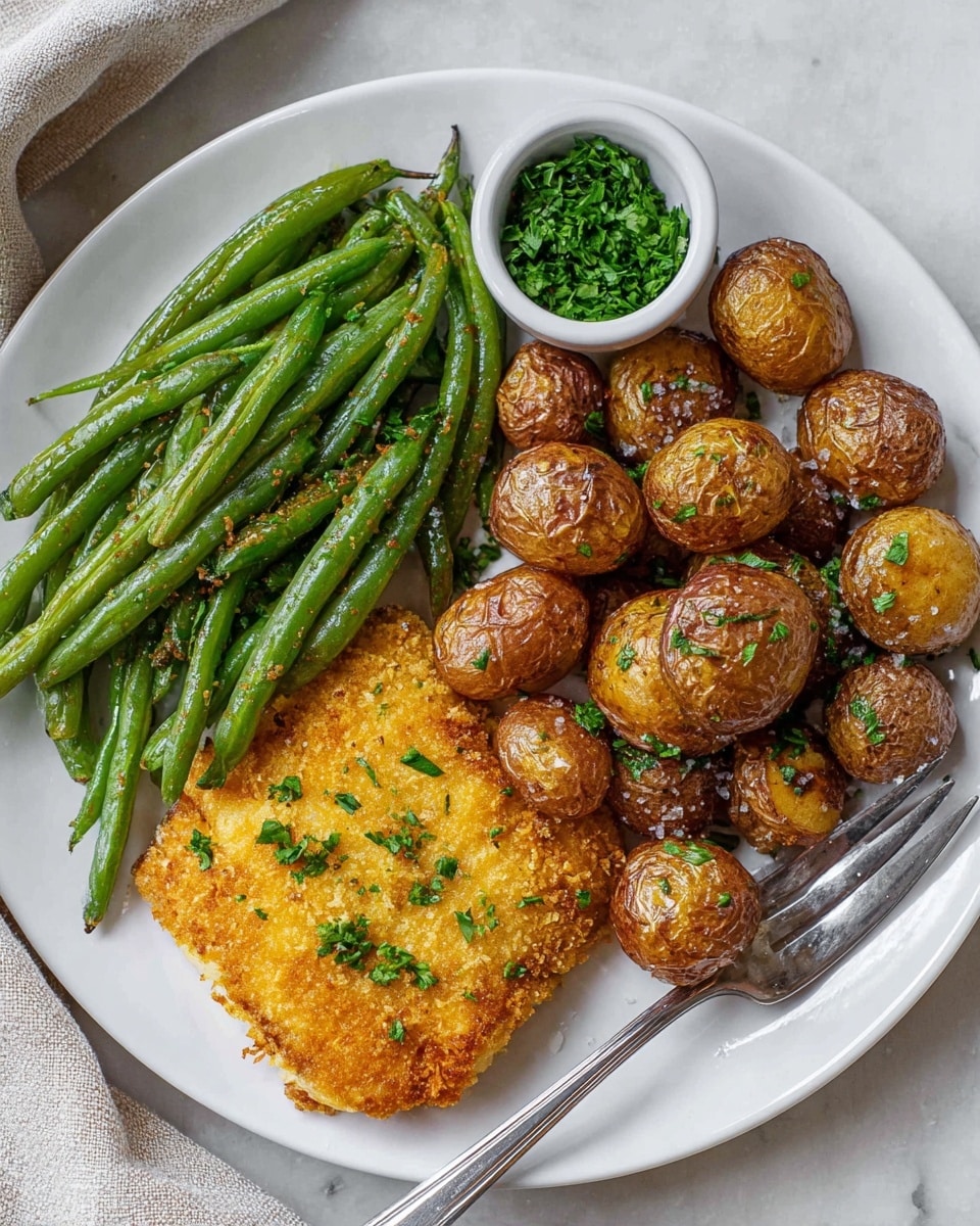 A white plate holds three main layers of food: on the left, a golden, crispy breaded piece of fish with a sprinkling of green herbs; on the top left, shiny green roasted green beans with a touch of seasoning; and on the right, a heap of small, browned roasted potatoes sprinkled with green herbs and some coarse salt. Above the plate, a small white bowl filled with finely chopped green herbs is partially visible. The plate rests on a white marbled surface, and a silver fork is placed at the bottom right edge of the plate. Photo taken with an iphone --ar 4:5 --v 7