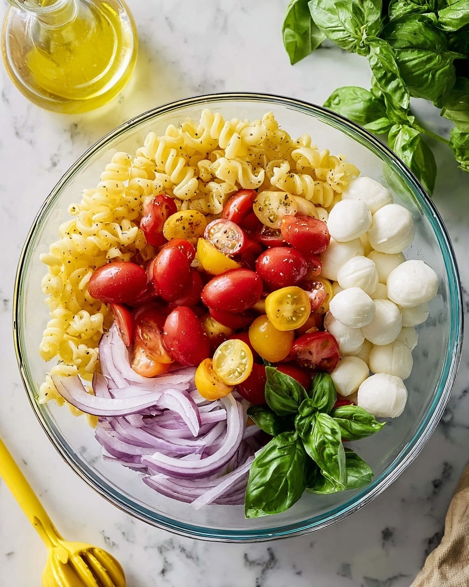 A clear glass bowl sits on a white marbled surface filled with five distinct layers of ingredients arranged separately. On the left side, there is a layer of short curly pasta in a light yellow color with some black pepper specks. Next to the pasta, in the top left quadrant, is a pile of glossy red and yellow halved cherry tomatoes showing their juicy insides. To the right of the tomatoes, occupying the top right corner, is a layer of small white mozzarella balls. Below the mozzarella, thin slices of light purple-red onion are spread alongside fresh green basil leaves placed at the bottom center of the bowl. Near the bowl, there is a yellow lemon squeezer, a glass bottle, and fresh basil leaves. The photo was taken with an iphone --ar 4:5 --v 7