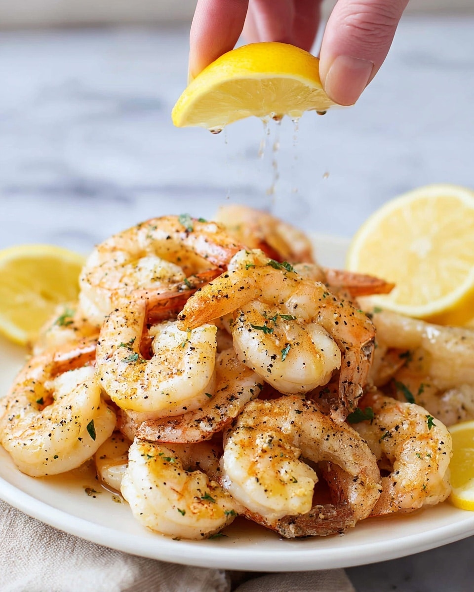 A white plate filled with a pile of cooked shrimp, each shrimp showing a light orange and white color with black pepper specks and green herbs sprinkled on top. The shrimp are curled and layered closely, with some lemon wedges placed on the plate around them. A woman's hand is squeezing a lemon half above the shrimp, with drops of lemon juice visibly falling down. The background is a soft white marbled texture. photo taken with an iphone --ar 4:5 --v 7