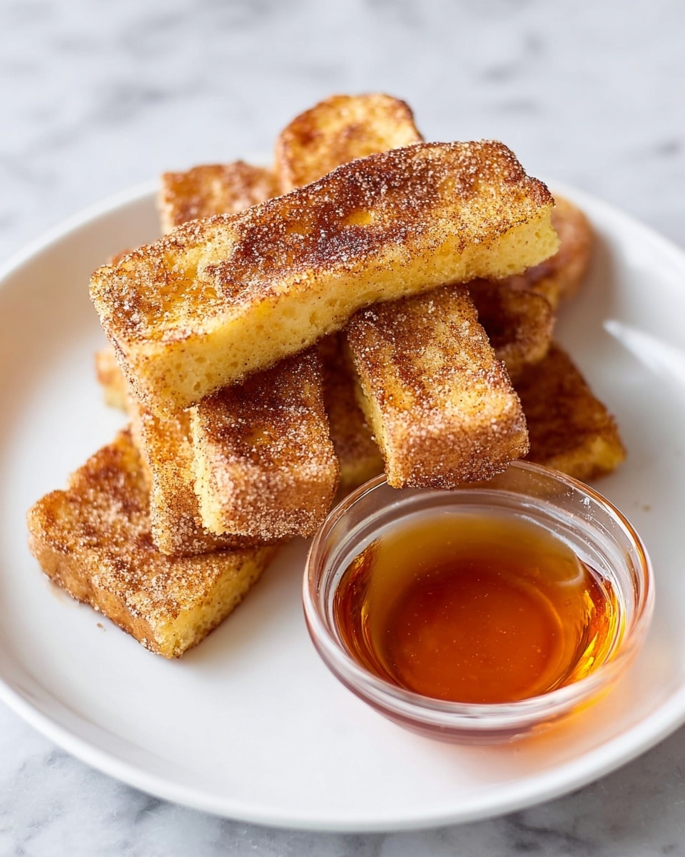 The image shows a stack of seven thick, rectangular sticks of French toast coated in cinnamon sugar. The toast sticks have a golden-brown color with a slightly crispy texture on the outside. The cinnamon sugar layer is lightly sprinkled on top and sides, appearing as a fine brown powder. The toast is arranged in two layers on a round white plate, placed on a white marbled surface with a white cloth beneath the plate. photo taken with an iphone --ar 4:5 --v 7