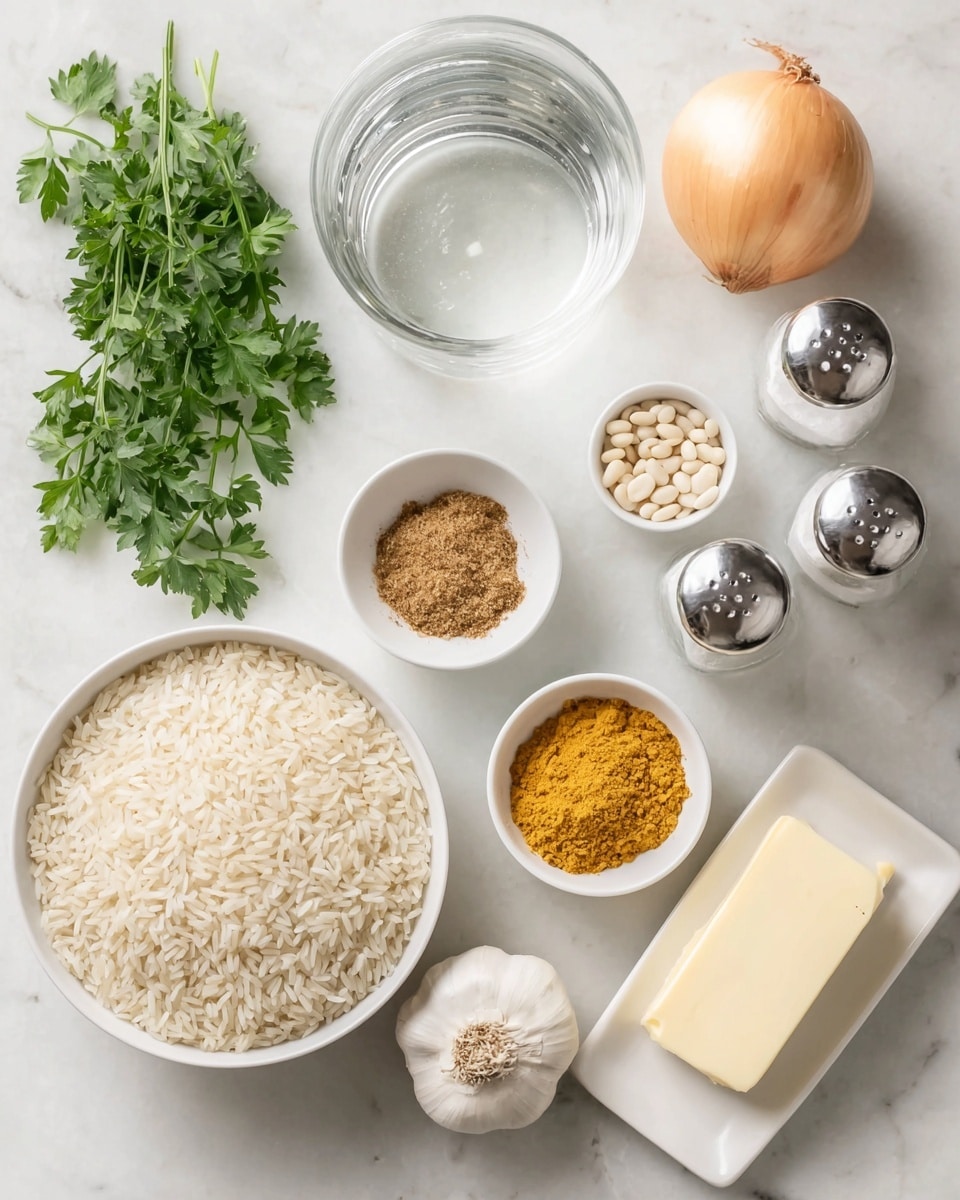 A flat lay on a white marbled surface shows several cooking ingredients neatly arranged. At the bottom left, a white bowl is filled with uncooked long-grain rice, displaying a textured layer of pale cream-colored grains. Above to the left, fresh green parsley leaves add a bright splash of color with their leafy texture. Near the middle, a clear glass of water reflects light, creating a smooth, transparent layer. To the right of the glass, two small white bowls hold ground spices – one brown and crumbly, the other bright yellow with a fine powder texture. Next to these bowls are glass salt and pepper shakers with silver tops. A whole yellow onion with a papery outer skin and a bulb of garlic with rough, off-white outer layers sit in the upper upper part of the image. On the bottom right, a white rectangular dish holds a stick of smooth, pale yellow butter. A white bowl in the top left corner contains small, creamy pine nuts. The arrangement is clean and bright, with soft natural lighting highlighting each ingredient. Photo taken with an iphone --ar 4:5 --v 7