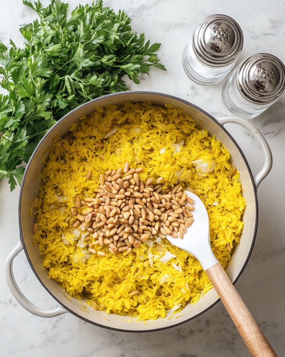 A round gray pot filled with bright yellow rice mixed with small white pieces and topped in the center with a pile of light brown toasted pine nuts. A spoon with a white and wood handle scoops up some pine nuts and rice. To the left side of the pot lies a bunch of fresh green parsley, and in the top right corner, there are clear salt and pepper shakers with metal tops. The background is a white marbled surface. Photo taken with an iphone --ar 4:5 --v 7