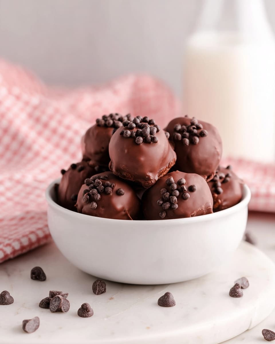 A white bowl filled with several round chocolate truffles, each coated in smooth dark chocolate and topped with small dark chocolate chips scattered unevenly on the surface. The truffles are piled closely together, showing a rich dark brown color with a shiny yet slightly textured finish. Around the bowl, a few chocolate chips are scattered on a white marbled surface. In the softly blurred background, a pink and white checkered cloth and a glass bottle filled with milk can be seen, adding a cozy touch. photo taken with an iphone --ar 4:5 --v 7