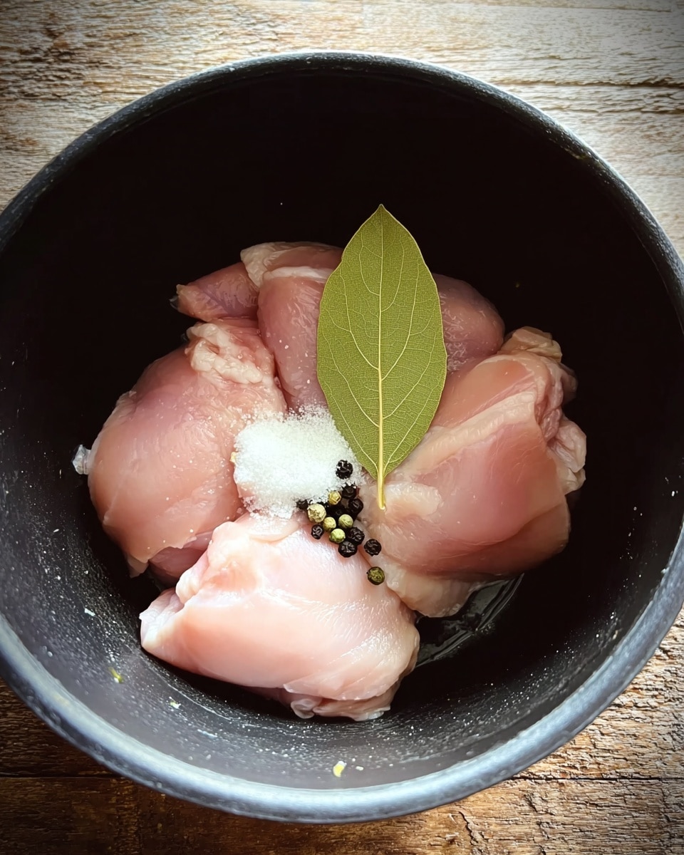 Inside a black pot, there are four pieces of raw pink chicken placed close together. On top of the chicken pieces, there is one green bay leaf, a small pile of white salt, and several whole black peppercorns scattered around. The pot sits on a wooden surface, but the surface should be imagined as white marbled texture. photo taken with an iphone --ar 4:5 --v 7