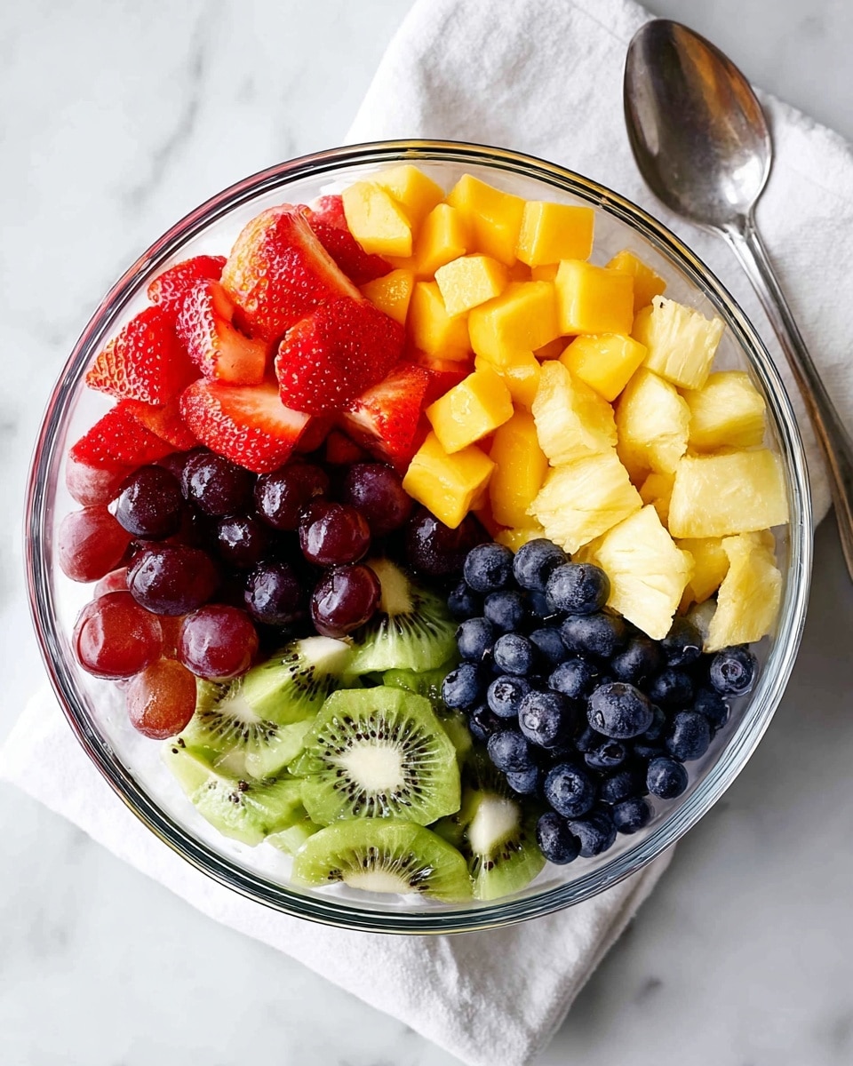 A clear glass bowl sits on a white marbled surface, filled with six separate sections of fresh fruit. Starting from the top and moving clockwise, there are bright red halved strawberries with a smooth, shiny texture; next to them, small yellow mango cubes with a soft and juicy look; followed by cut dark purple grapes, some whole and some sliced in half showing their seeds; below grapes, light yellow chunks of pineapple with a slightly fibrous texture; beside pineapple, bright green slices of kiwi showing the small black seeds; finally, dark blue blueberries with a round, matte surface. A silver spoon rests beside the bowl on a white cloth. photo taken with an iphone --ar 4:5 --v 7