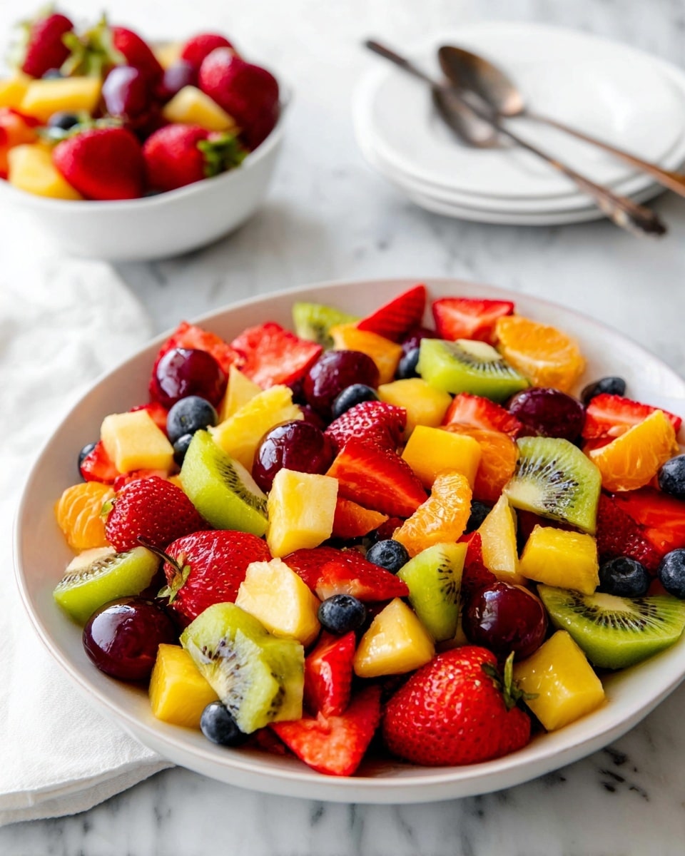 A white round plate sits on a white marbled surface, filled with a colorful mix of fresh fruit pieces. The fruit has layers of red strawberries cut in halves and whole, bright green kiwi slices showing their seeds, dark red grapes, small round blue blueberries, golden yellow cubes of mango, pale yellow pineapple chunks, and bright orange mandarin segments. The fruit is piled high, showing the mix of colors and textures in a fresh and juicy arrangement. In the background, there is a white bowl with more fruit and a spoon. photo taken with an iphone --ar 4:5 --v 7