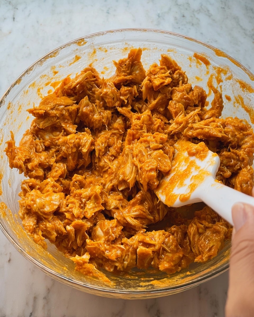 The image shows a clear glass bowl filled with a mixture of shredded food coated in a thick, orange sauce. The mixture has uneven, chunky pieces with a moist and textured appearance. A woman’s hand is holding a white spatula with some of the orange sauce on it, partially submerged in the mixture. The background is a white marbled surface. photo taken with an iphone --ar 4:5 --v 7