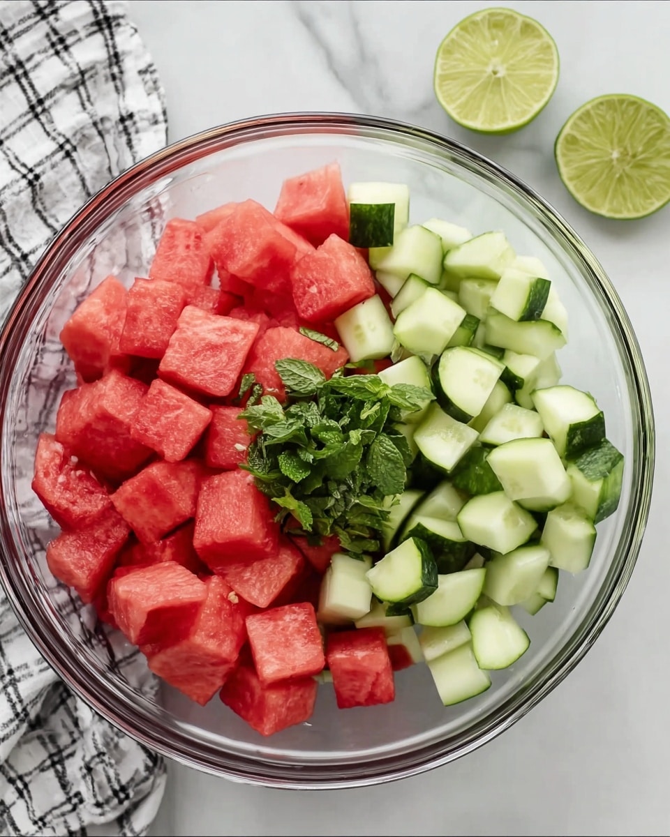 A clear glass bowl sits on a white marbled surface with three main layers inside: bright red watermelon cubes on the left, light green cucumber pieces on the right, and a small heap of chopped fresh mint leaves resting on top of the watermelon. Two lime halves rest nearby on the surface, and a black-and-white checkered cloth is casually placed to the side. The overall colors are fresh and vibrant, with a mix of red, green, and white tones. photo taken with an iphone --ar 4:5 --v 7