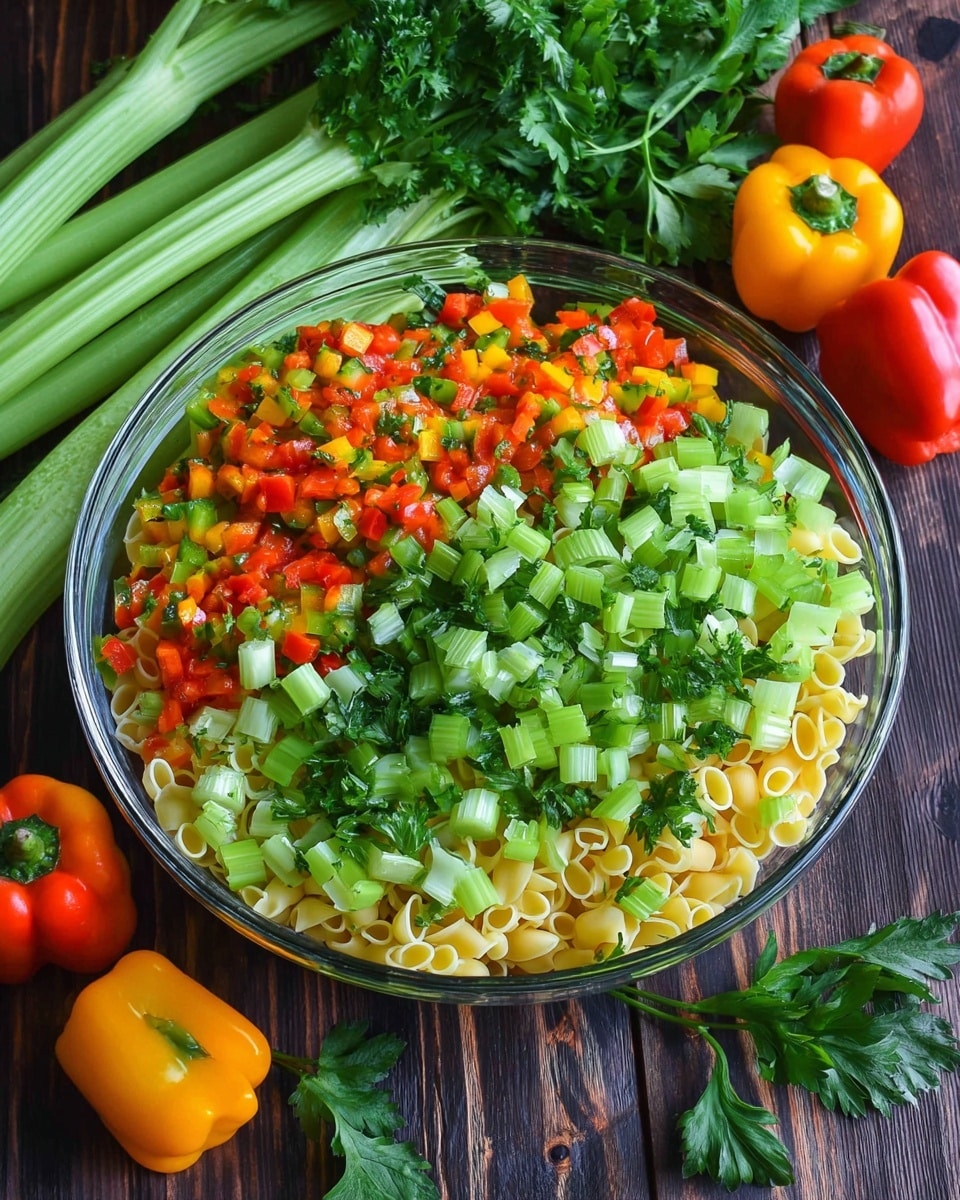 A clear glass bowl filled with three layers of vegetables and pasta on a dark wooden surface. The bottom layer is light yellow pasta shells, the middle layer is diced green celery, and the top layer is a colorful mix of finely chopped red, yellow, and green bell peppers with some green herbs scattered over. Around the bowl, there are whole celery stalks with green leaves, bright small bell peppers in red, green, orange, and yellow, and fresh parsley leaves. The background is a white marbled texture. photo taken with an iphone --ar 4:5 --v 7