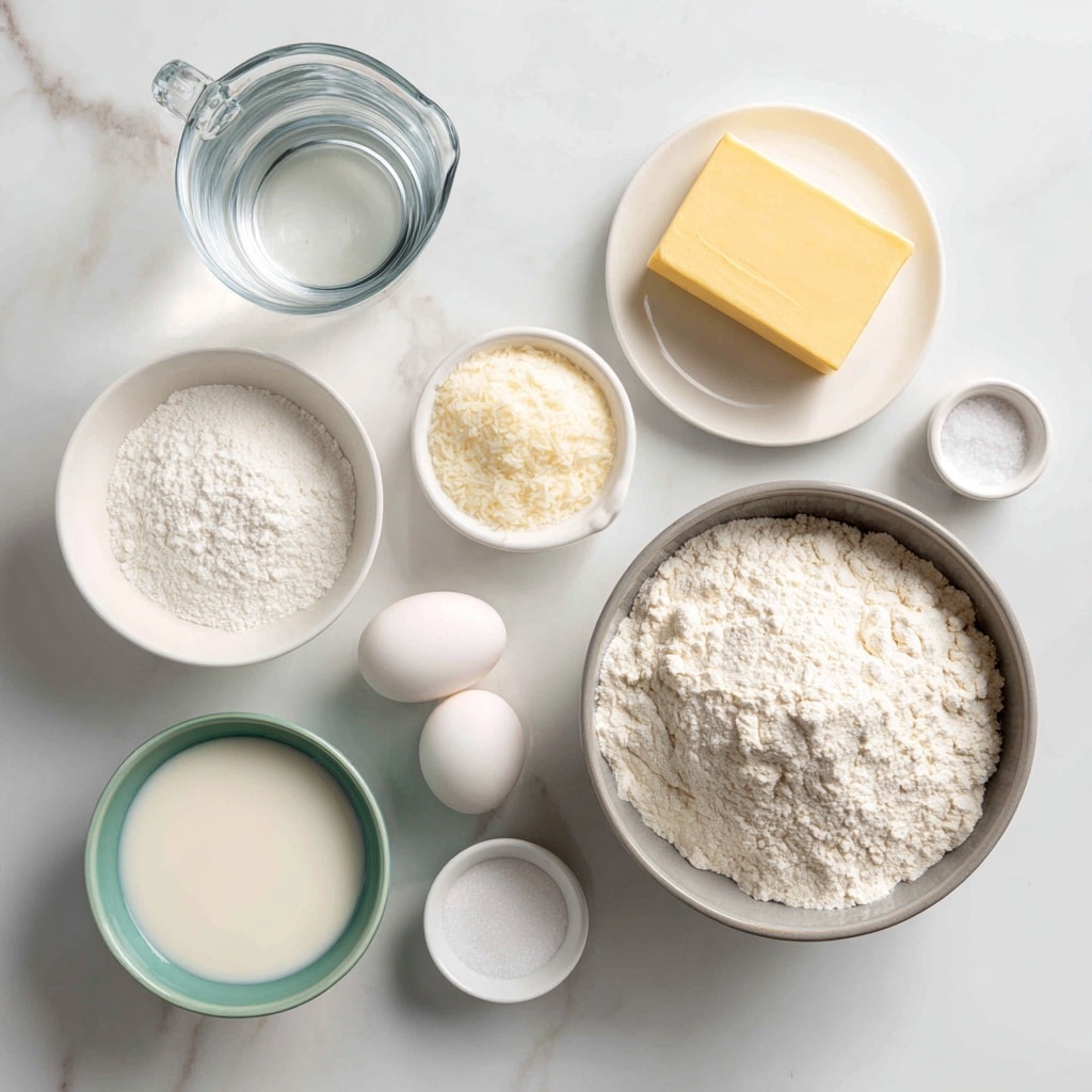 The image shows a collection of baking ingredients arranged neatly on a white marbled surface. There are eight items in total: warm water in a clear glass measuring cup on the top left, yeast in a small white bowl next to it, a square piece of butter on a white plate above center, granulated sugar in a small white round container on the top right, two white eggs in a small green bowl on the bottom left, warm milk in a clear glass measuring cup in the middle, a large gray bowl filled with white all-purpose flour on the right center, and a small white container of salt on the far right near the middle. Each item is labeled with black simple text above or below it. photo taken with an iphone --ar 4:5 --v 7