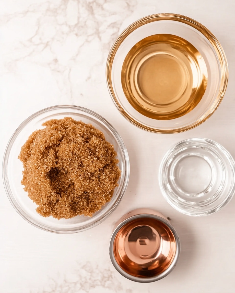 Top view of four clear glass bowls and a small metal bowl arranged on a white marbled surface; one glass bowl is filled with packed brown sugar with a crumbled texture on top, another has a light amber liquid, a third holds a clear liquid, and the metal bowl is empty showing a shiny copper interior, all set in a square layout photo taken with an iphone --ar 4:5 --v 7
