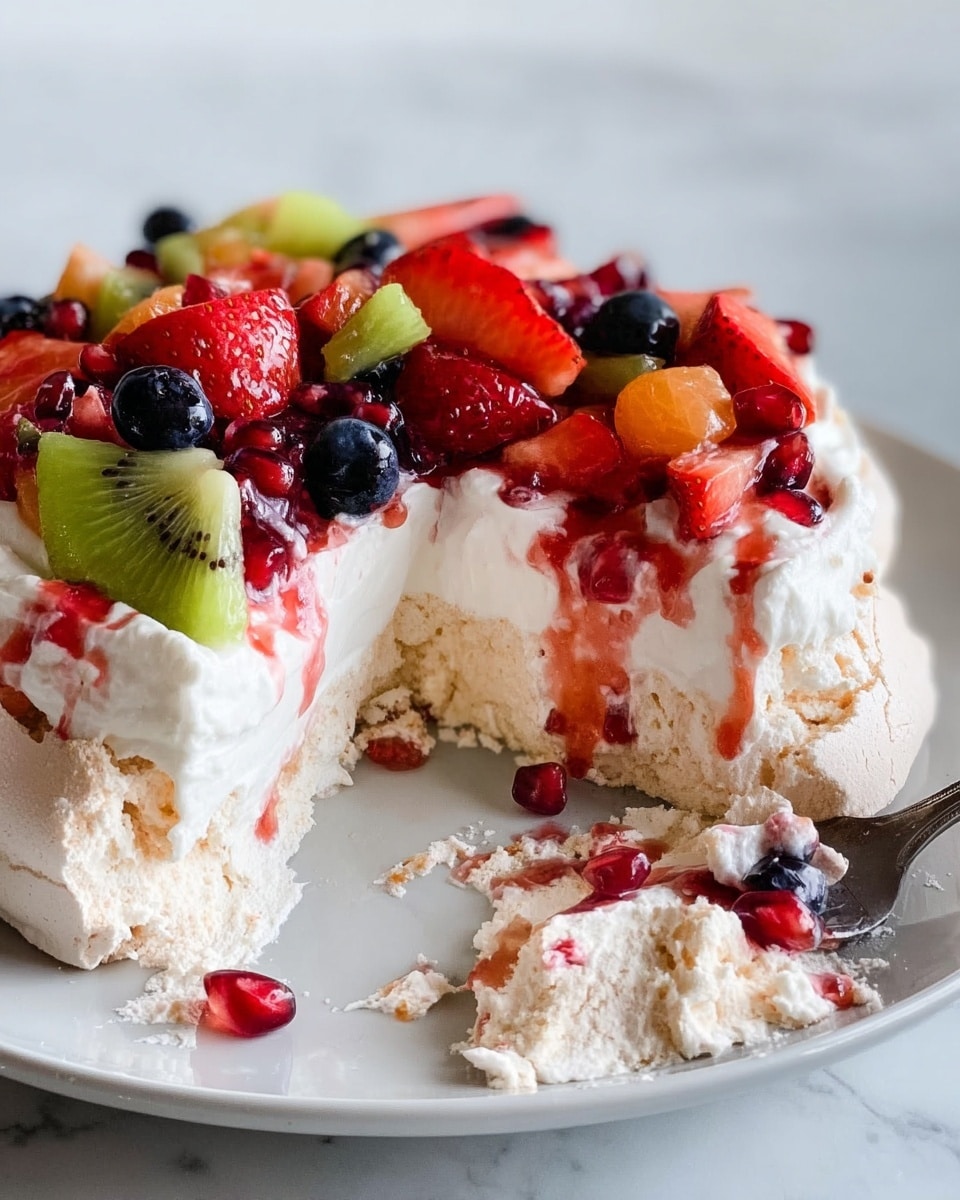 A single slice of fruit-topped dessert sits on a white plate over a white marbled surface. The base layer is light brown and crumbly, topped by a thick, white cream layer that looks soft and smooth. On top of the cream is a generous mix of fresh fruits including sliced strawberries, blueberries, and chunks of green kiwi, all covered with shiny red jelly that drips down the sides of the dessert. In the background, a whole dessert on a white plate is partially visible, slightly out of focus. Photo taken with an iphone --ar 4:5 --v 7