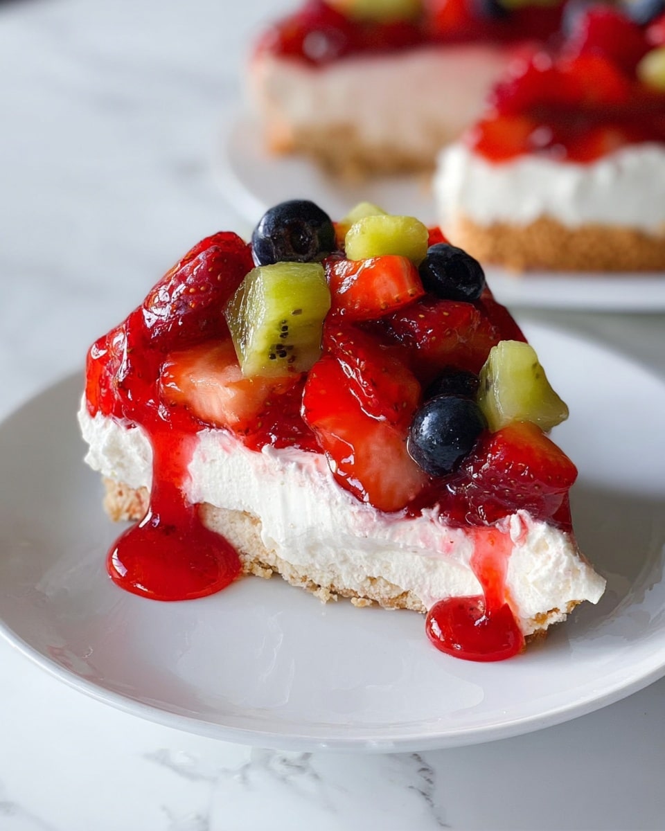 This image shows a partially eaten pavlova dessert on a white plate placed on a white marbled surface. The pavlova has three main layers: a light beige crisp meringue base with a slightly crumbly texture at the bottom, a thick layer of white whipped cream above it, and a colorful mix of fresh fruit on the top. The fruit layer includes bright red strawberries, green slices of kiwi, dark blue blueberries, and scattered red pomegranate seeds. Some fruit juice has dripped down the sides, adding red streaks to the whipped cream. There are remnants of cream and fruit pieces smeared on the plate, with small crumbs from the meringue scattered around. Photo taken with an iphone --ar 4:5 --v 7