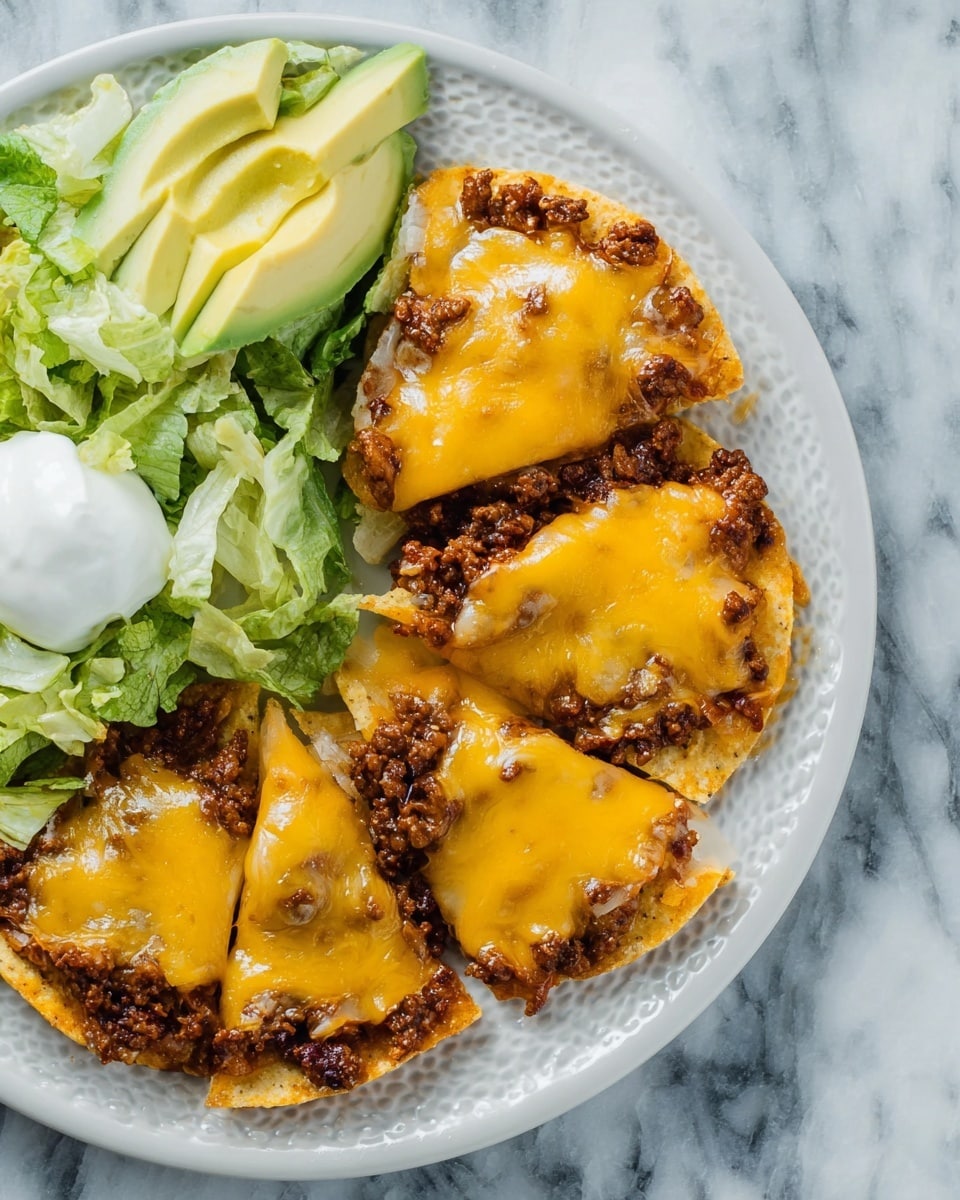 The image shows five triangle-shaped pieces of crispy tortilla chips, each topped with a layer of cooked ground beef and a thick layer of melted yellow cheddar cheese that covers the beef almost completely. The chips and toppings are arranged in a slight arc on the right side of a white plate with a subtle textured pattern around the edge. On the left side of the plate, there is a fresh green lettuce bed, four slices of bright green avocado, and a round dollop of smooth, white sour cream. The plate is placed on a white marbled surface. photo taken with an iphone --ar 4:5 --v 7