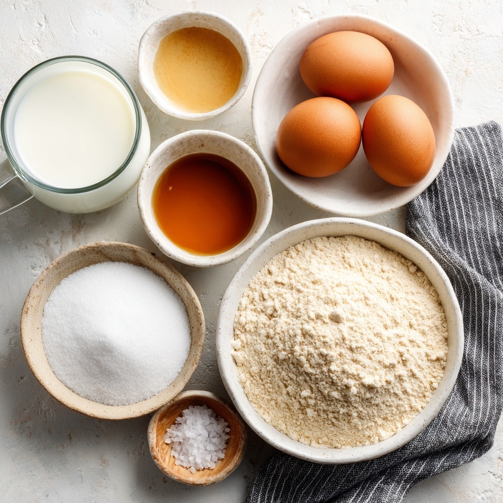 The image shows a flat lay of baking ingredients arranged neatly on a white marbled surface. There are three brown eggs placed on a gray cloth with dark stripes on the right side. Below the eggs, a white bowl holds light beige coconut flour with a powdery texture. To the right of the bowl of coconut flour is a smaller white bowl with light brown vanilla extract. Above the eggs is a small white bowl filled with white baking powder. On the left side, there is a bowl of white almond milk, a bowl of white solid coconut oil with a smooth texture, and a small bowl with coarse white sea salt. Each ingredient is labeled clearly with black text on white rectangles placed nearby. photo taken with an iphone --ar 4:5 --v 7
