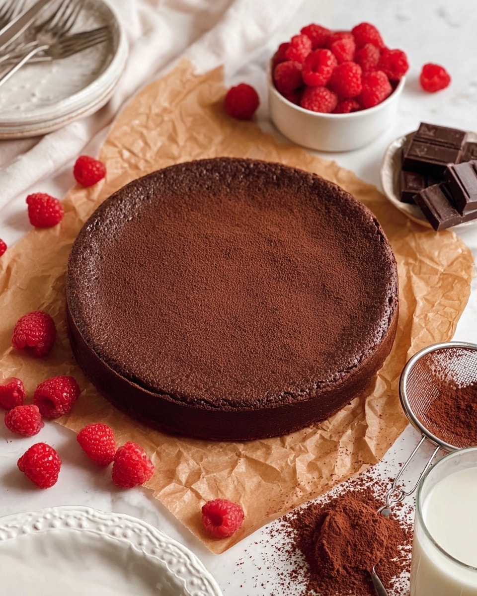 A single round chocolate cake with a smooth, matte dark brown top layer sits on crinkled brown parchment paper. Around the cake are bright red raspberries scattered loosely and placed in a small white bowl, along with dark chocolate pieces in blocks. To the right, there is a small white plate filled with cocoa powder next to a fine metal sifter, with some cocoa powder dusted around the plate. At the bottom right corner, a glass of white milk is partially visible. The setting is on a white marbled surface, and in the bottom left corner, part of a white plate with three forks on it is visible. Photo taken with an iphone --ar 4:5 --v 7