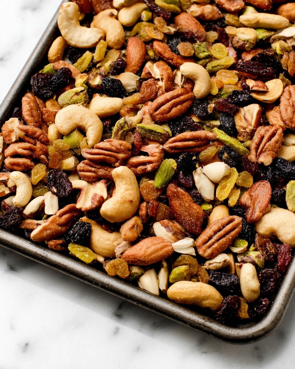 A close-up view of a dark metal tray filled with a mixed nut and dried fruit snack. The mix has several layers of different items: large, golden cashews and pecans with a smooth texture and warm brown color; small green pistachios with a matte finish scattered evenly; sliced almonds in off-white with a slight toasted edge; and a few raisins and golden dried fruits adding dark purple and bright yellow spots. The tray is placed on a white marbled surface, and the composition fills the frame with a rich, textured, and colorful variety of snack ingredients photo taken with an iphone --ar 4:5 --v 7