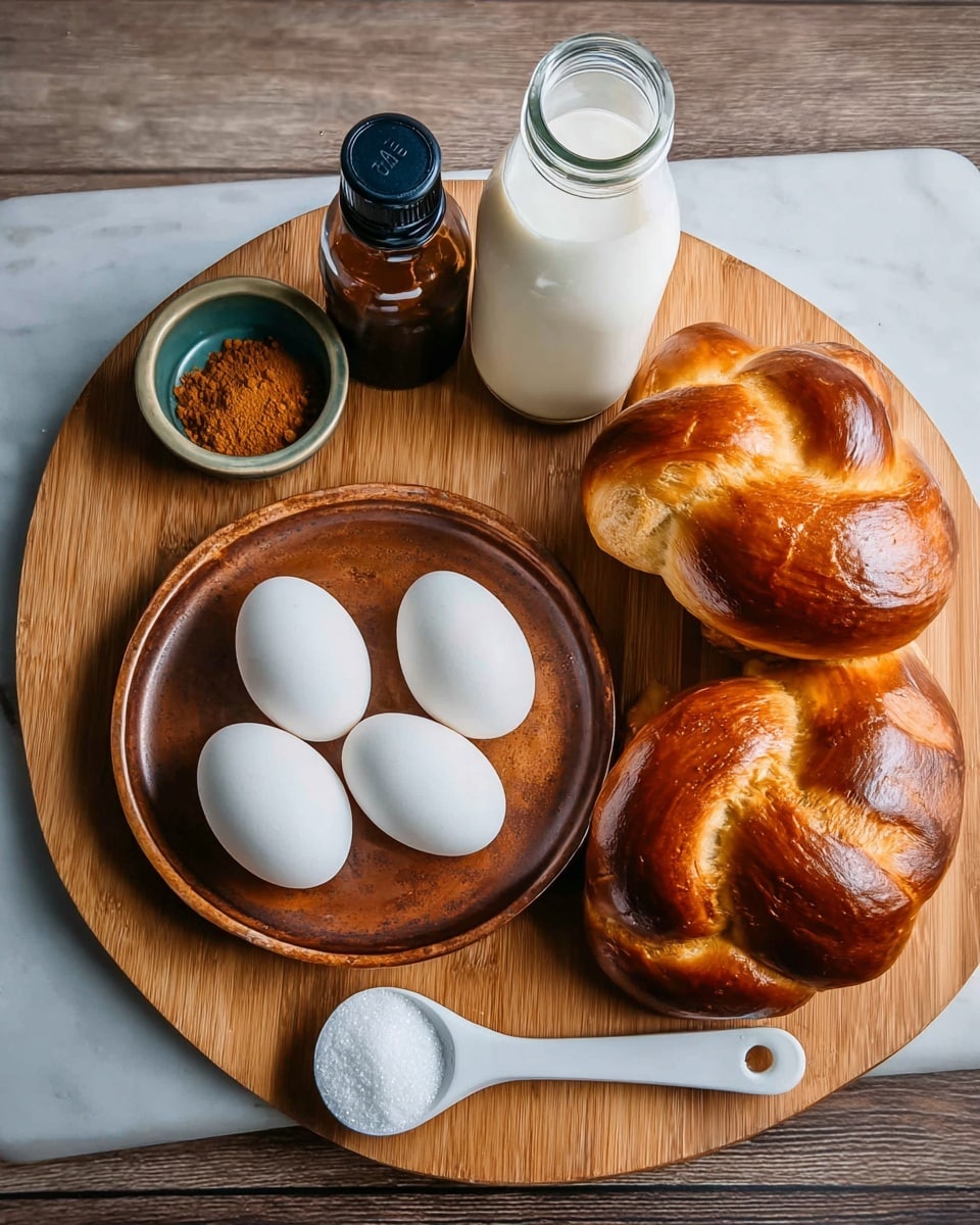 A wooden cutting board holds a round warm brown plate in the center with four smooth white eggs arranged in a cluster. To the right of the plate, two golden brown braided breads sit closely with a glossy, slightly cracked surface. Above the plate, a glass bottle filled with white milk stands upright. To the left of the plate, a small dull green bowl contains a pile of brown cinnamon powder next to a dark amber bottle with a black cap. A white measuring spoon filled with white granulated sugar rests on the cutting board in front of the bread, its handle pointing towards the bottom right corner. The entire scene is set on a white marbled textured surface. Photo taken with an iphone --ar 4:5 --v 7