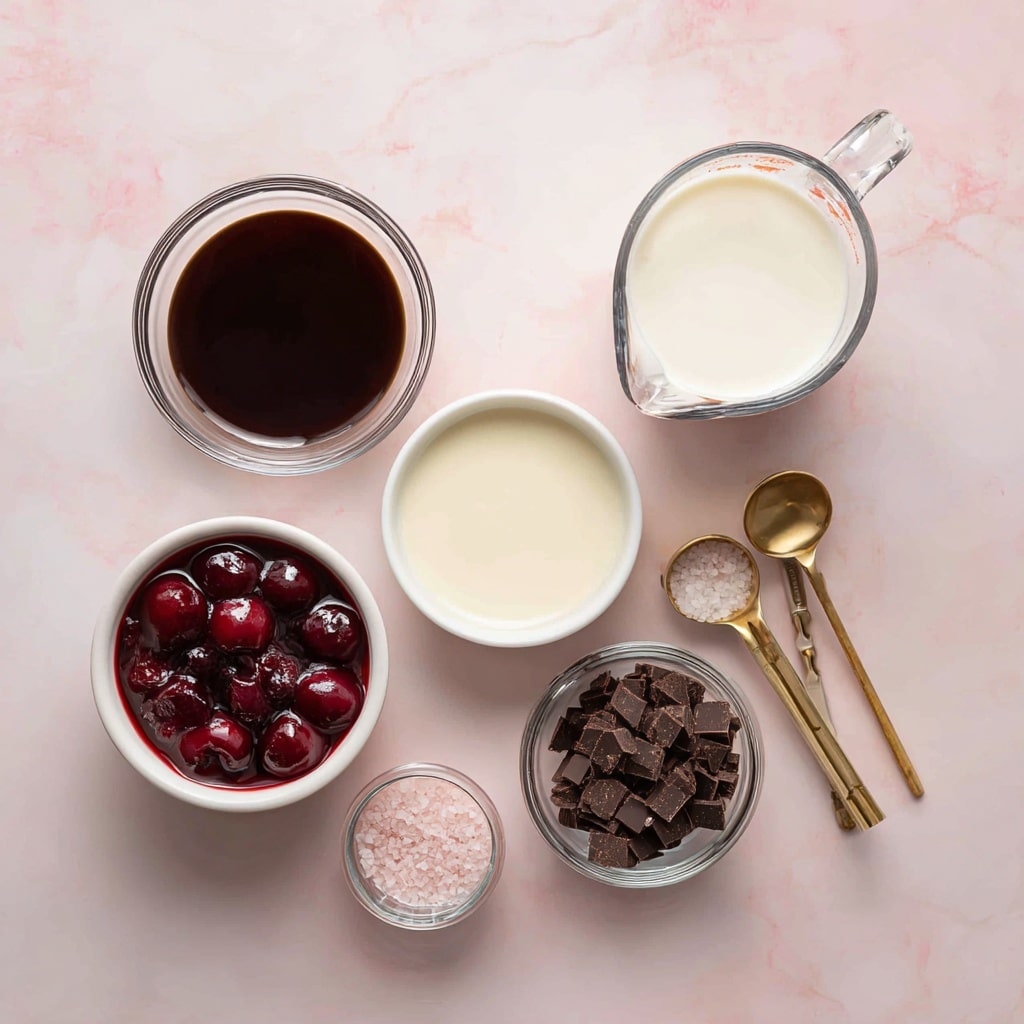 The image shows six ingredients neatly placed on a soft pink background replaced with a white marbled texture. From top left is a small clear glass bowl filled with dark brown vanilla liquid. Next, a large clear glass measuring cup holds white heavy cream. Below that is another similar cup filled with light cream-colored sugar-free sweetened condensed milk. To the left, a small white bowl contains dark red, glossy sugar-free cherry pie filling with visible cherries. To the right of the cherry filling, a small clear glass bowl has dark chocolate powder with some chocolate chunks scattered beside it. At bottom right, two gold measuring spoons linked together hold light pink salt. The arrangement is clean and bright, with simple containers and clear ingredient colors. Photo taken with an iphone --ar 4:5 --v 7