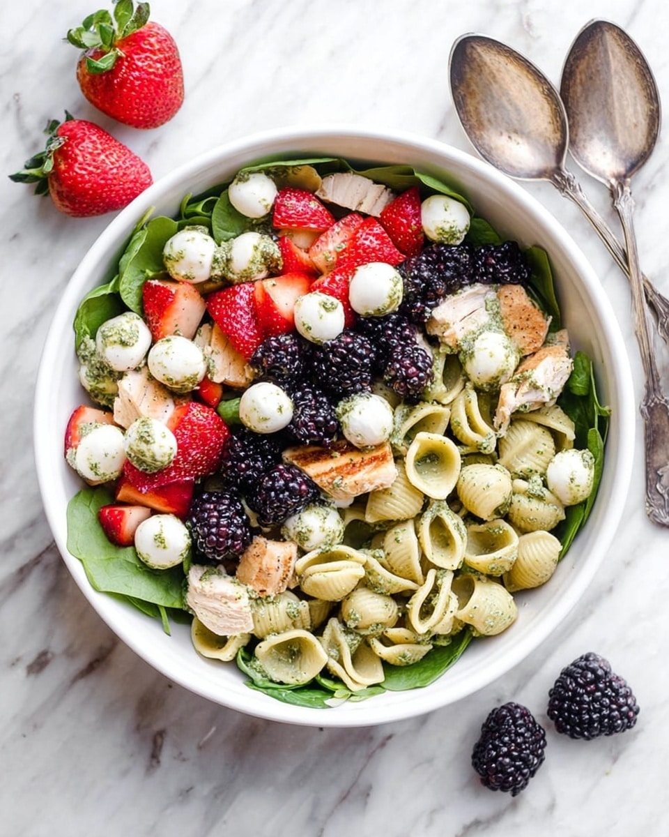 The dish is a bright, fresh pasta salad served in a white bowl filled with shell pasta that is pale yellow and slightly ridged, mixed with red strawberry slices and dark purple blackberries. Scattered around are small white mozzarella balls and green basil leaves, adding color contrast. Pieces of pinkish light brown cooked chicken are spread throughout, along with some green pesto specks on the pasta and chicken. The bowl is set on a white marbled surface with a beige cloth and a few strawberries and blackberries blurred in the background. Two metal spoons rest in the bowl, ready to serve. photo taken with an iphone --ar 4:5 --v 7