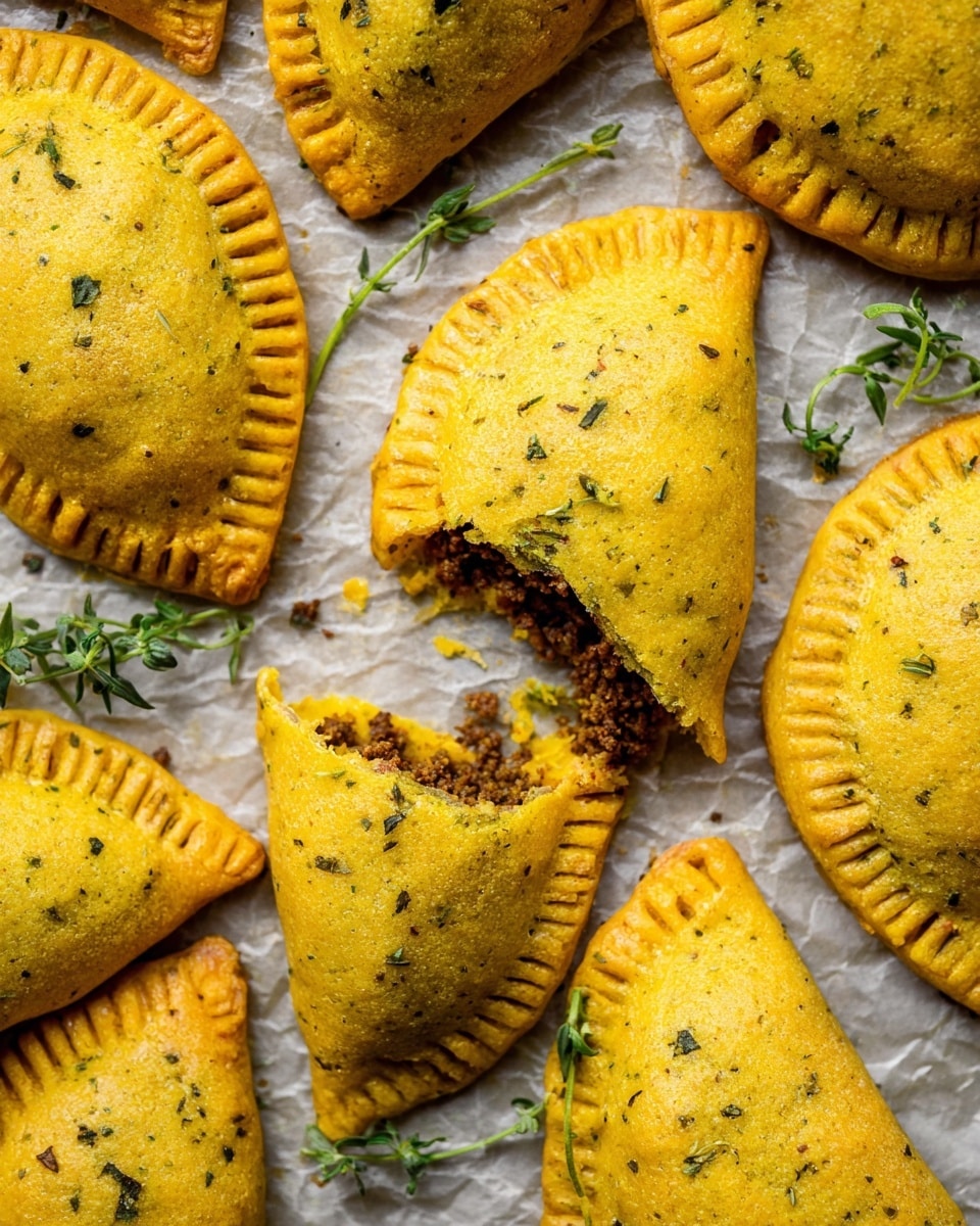 The image shows several golden-yellow, half-moon shaped pastries arranged closely together on a parchment-lined surface with a white marbled texture. Each pastry has a flaky outer layer speckled with green herbs and small fork-pressed edges, creating a textured rim. One pastry is broken open near the center of the image, revealing a dark, crumbly filling inside that contrasts with the smooth pastry dough. There are a few sprigs of green herbs scattered naturally across the pastries and the surface, adding a fresh touch. Photo taken with an iphone --ar 4:5 --v 7